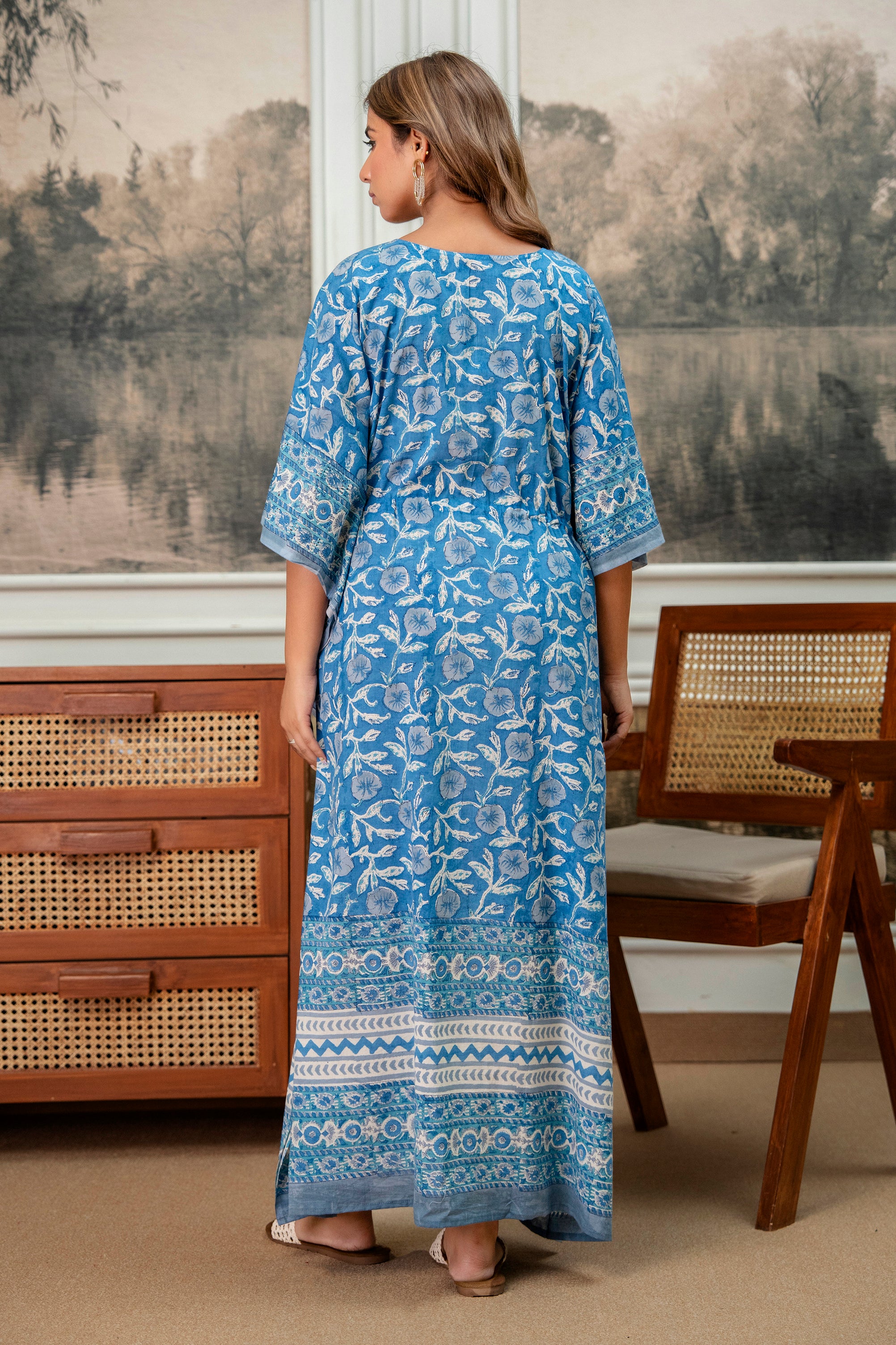 Blue Meadow Hand Block Printed Cotton Kaftan