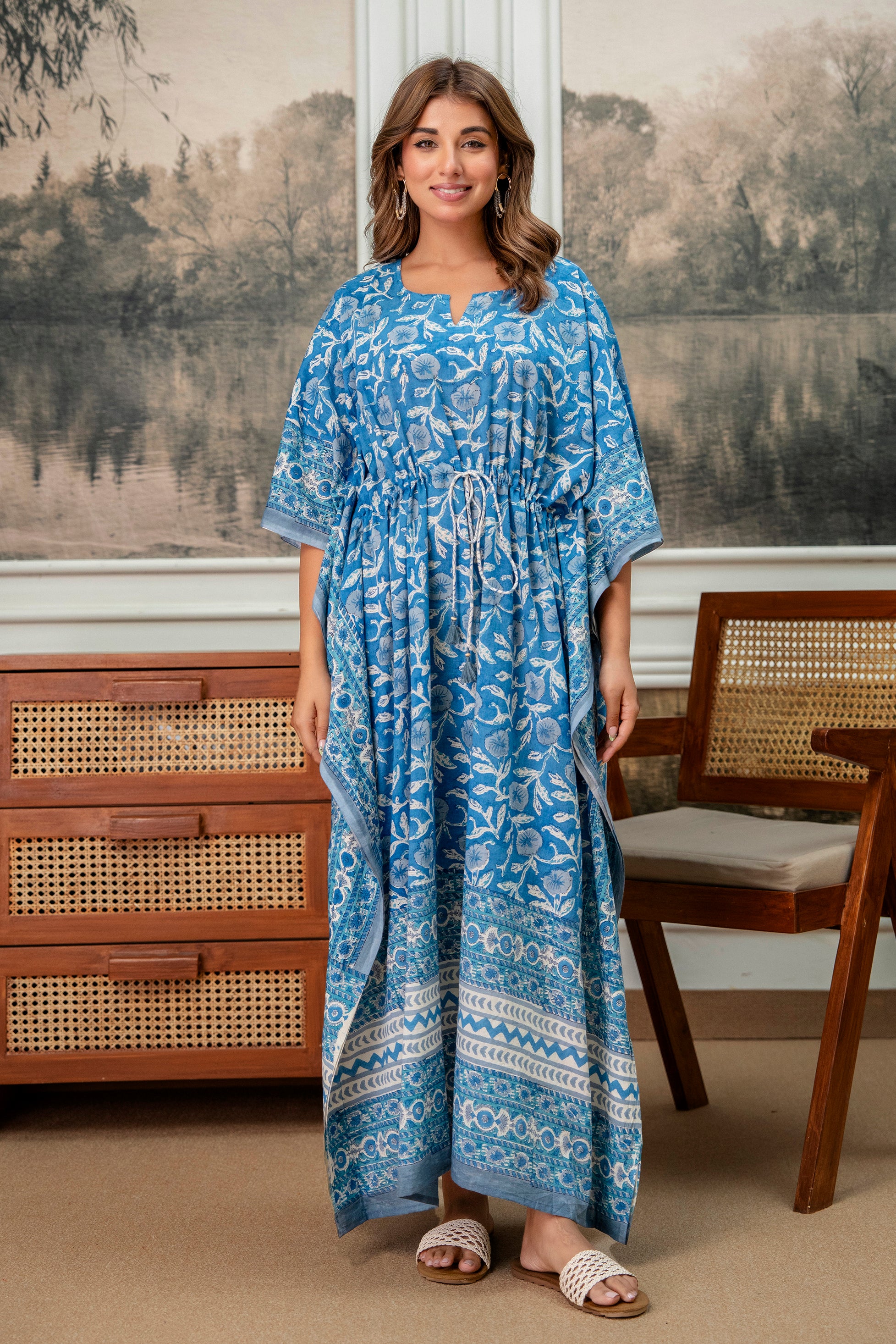 Blue Meadow Hand Block Printed Cotton Kaftan