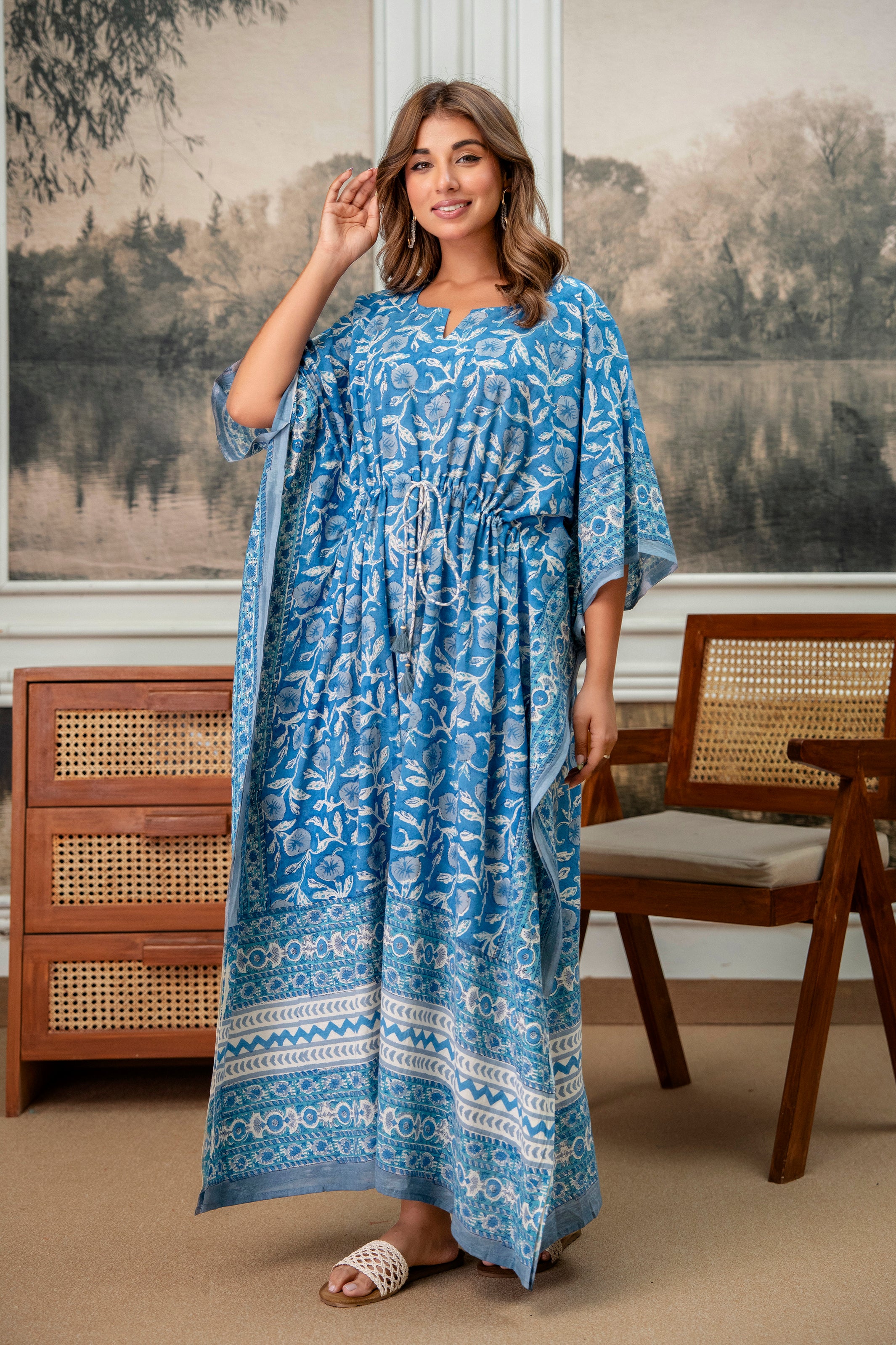 Blue Meadow Hand Block Printed Cotton Kaftan
