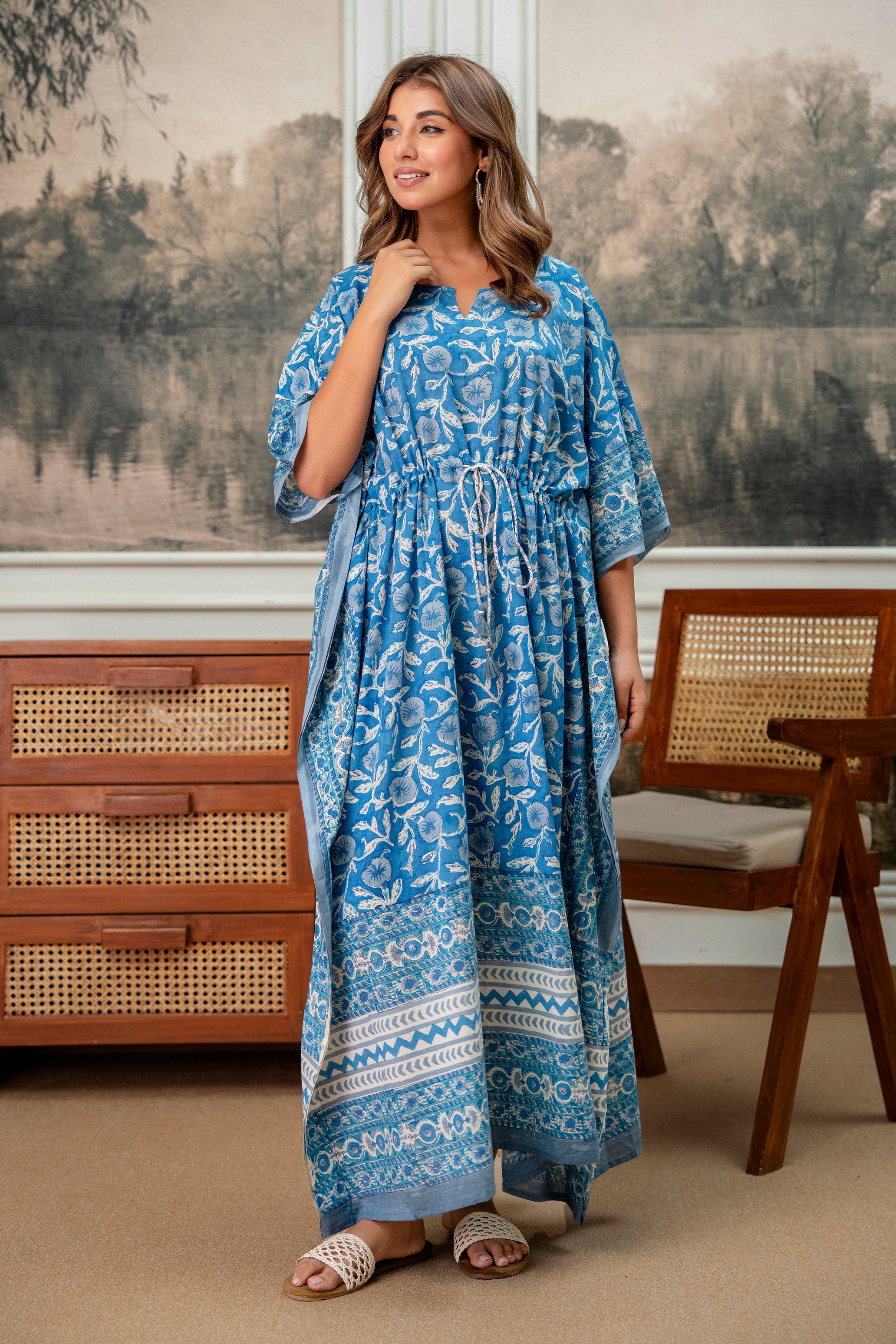 Blue Meadow Hand Block Printed Cotton Kaftan