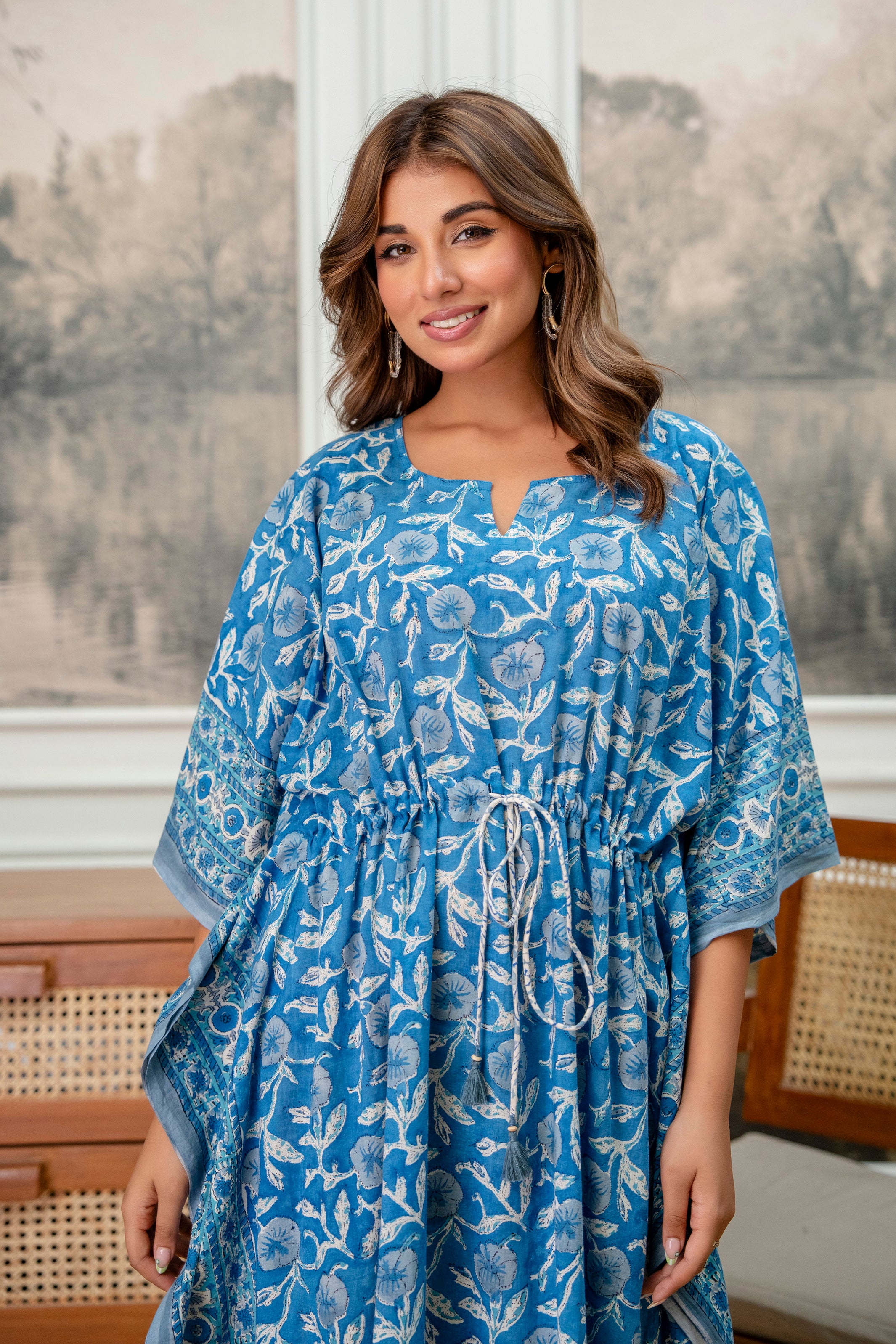 Blue Meadow Hand Block Printed Cotton Kaftan