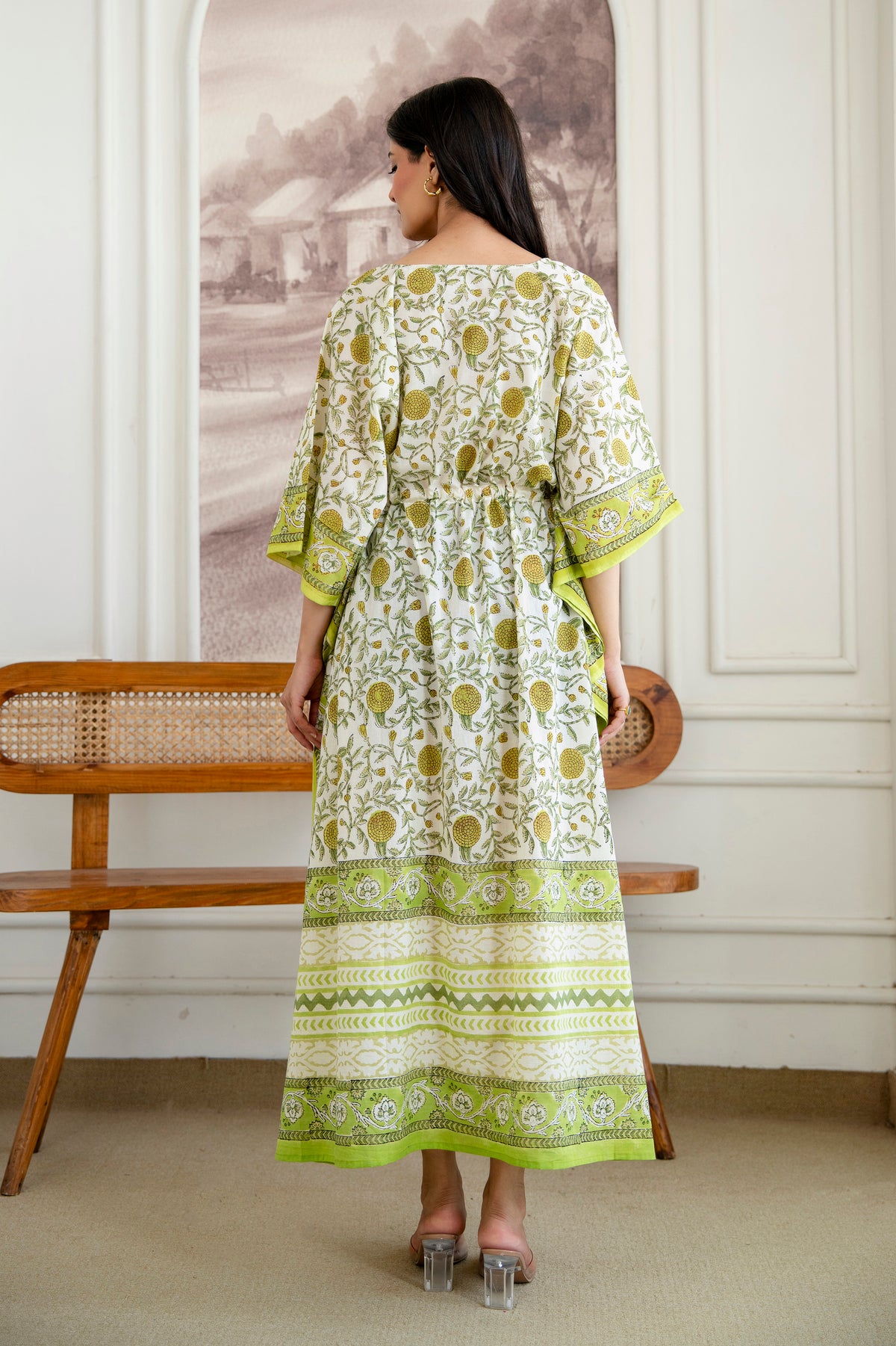 Lime Marigold Hand Block Printed Cotton Kaftan