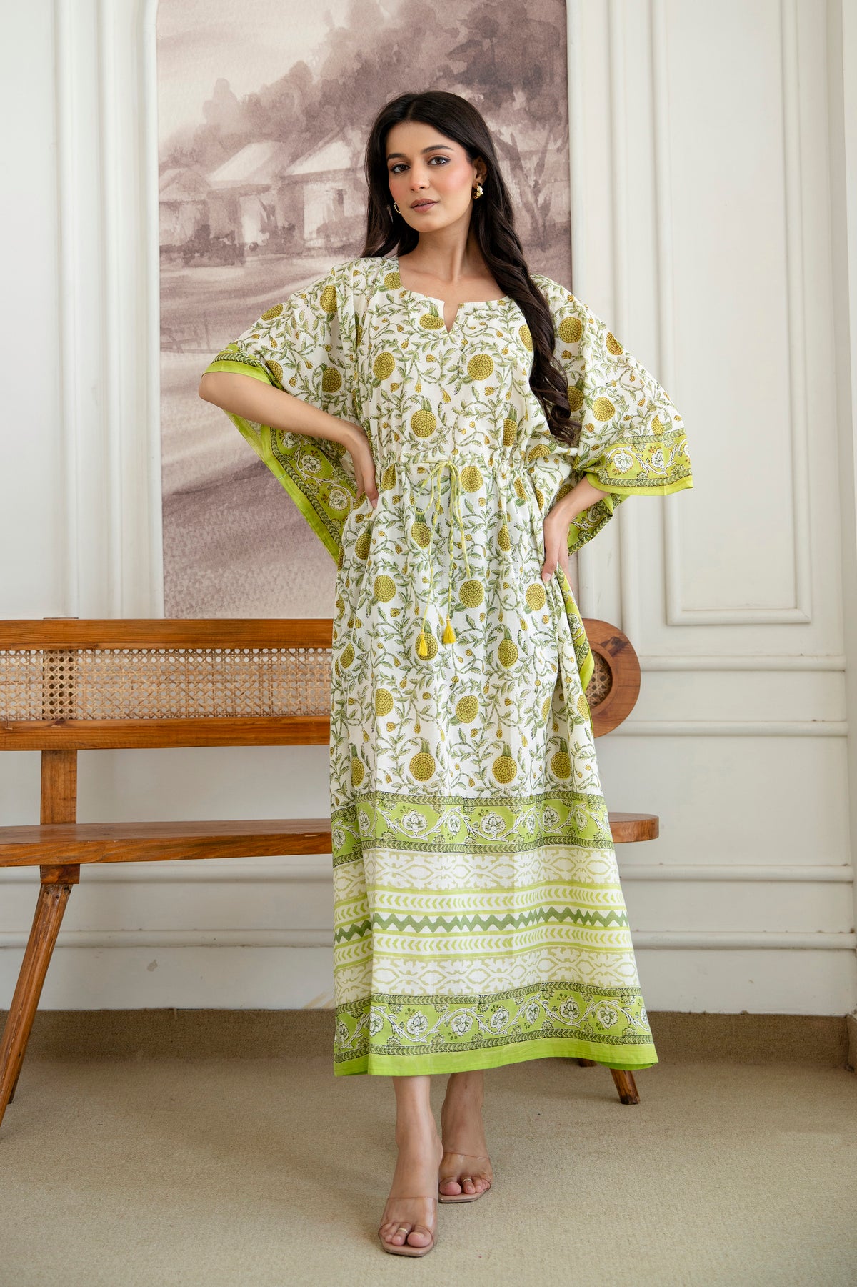 Lime Marigold Hand Block Printed Cotton Kaftan