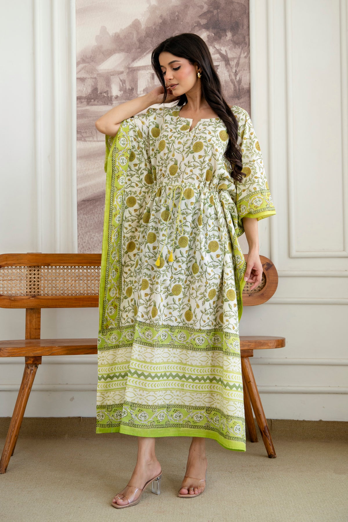 Lime Marigold Hand Block Printed Cotton Kaftan