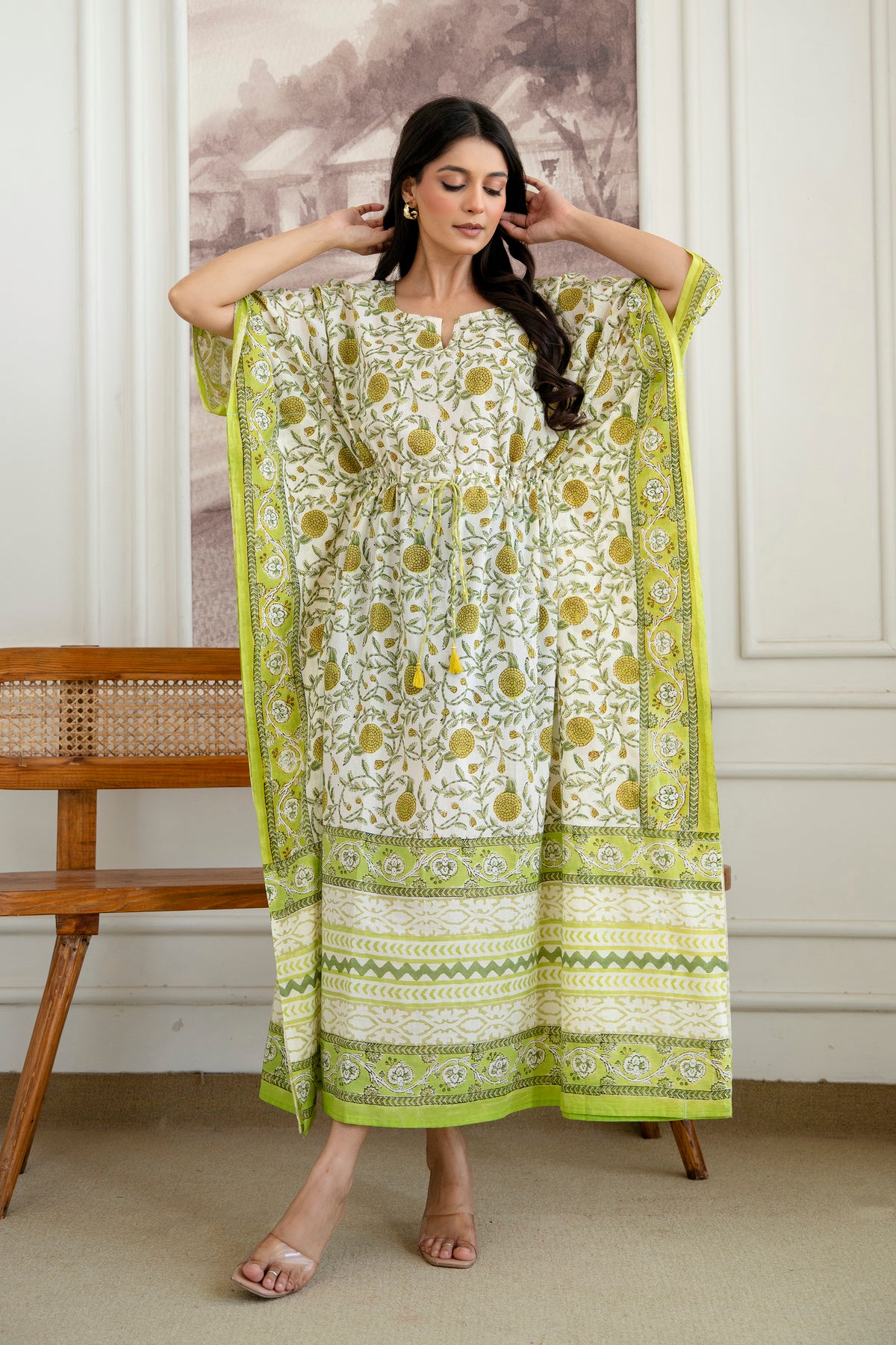 Lime Marigold Hand Block Printed Cotton Kaftan