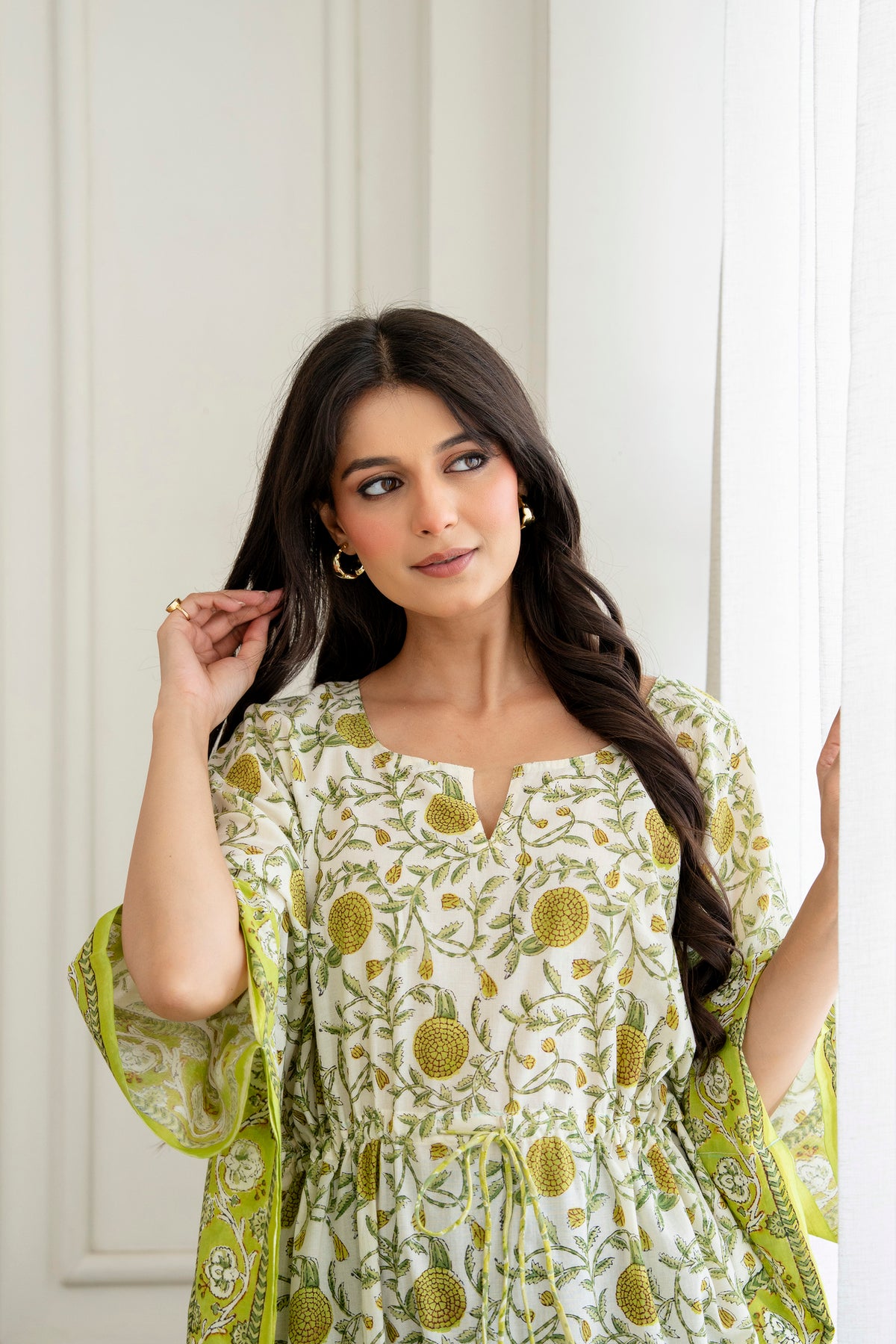 Lime Marigold Hand Block Printed Cotton Kaftan