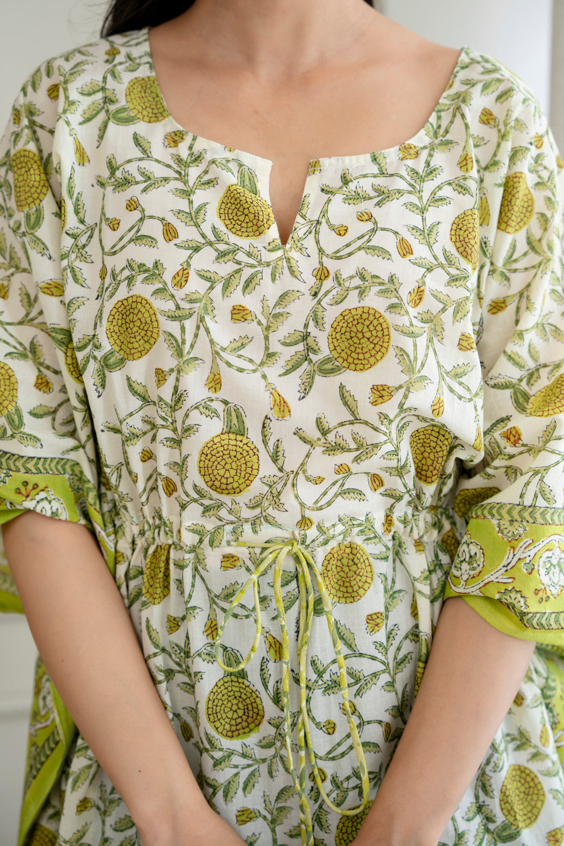 Lime Marigold Hand Block Printed Cotton Kaftan
