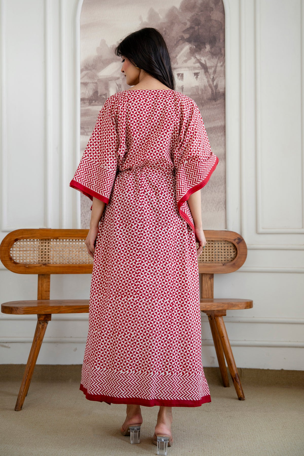 Crimson Geometry Hand Block Printed Cotton Kaftan