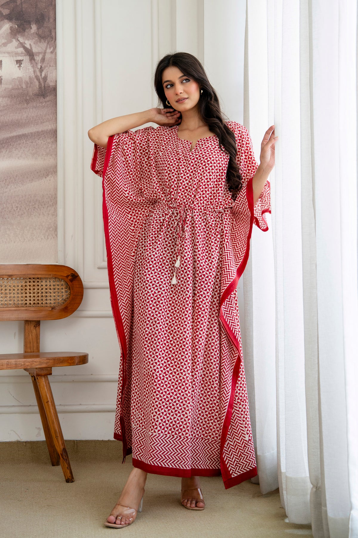 Crimson Geometry Hand Block Printed Cotton Kaftan