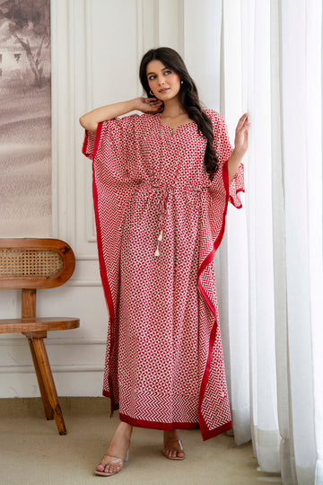 Crimson Geometry Hand Block Printed Cotton Kaftan