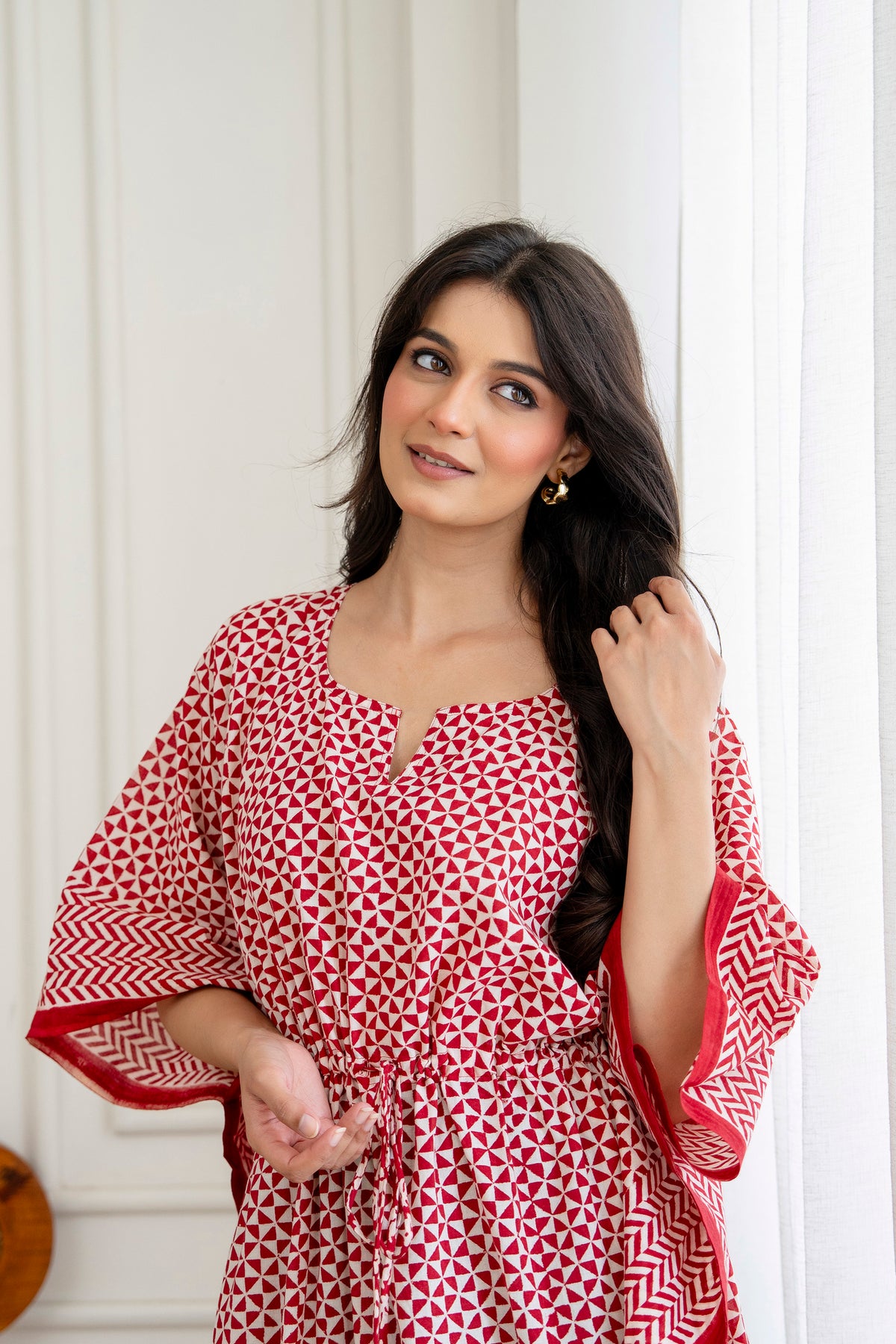 Crimson Geometry Hand Block Printed Cotton Kaftan
