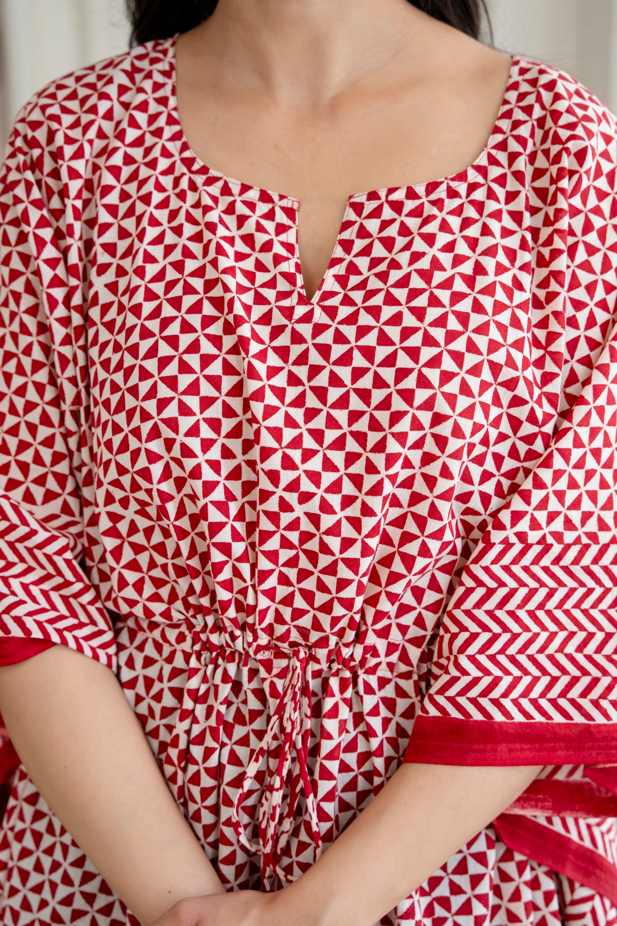 Crimson Geometry Hand Block Printed Cotton Kaftan
