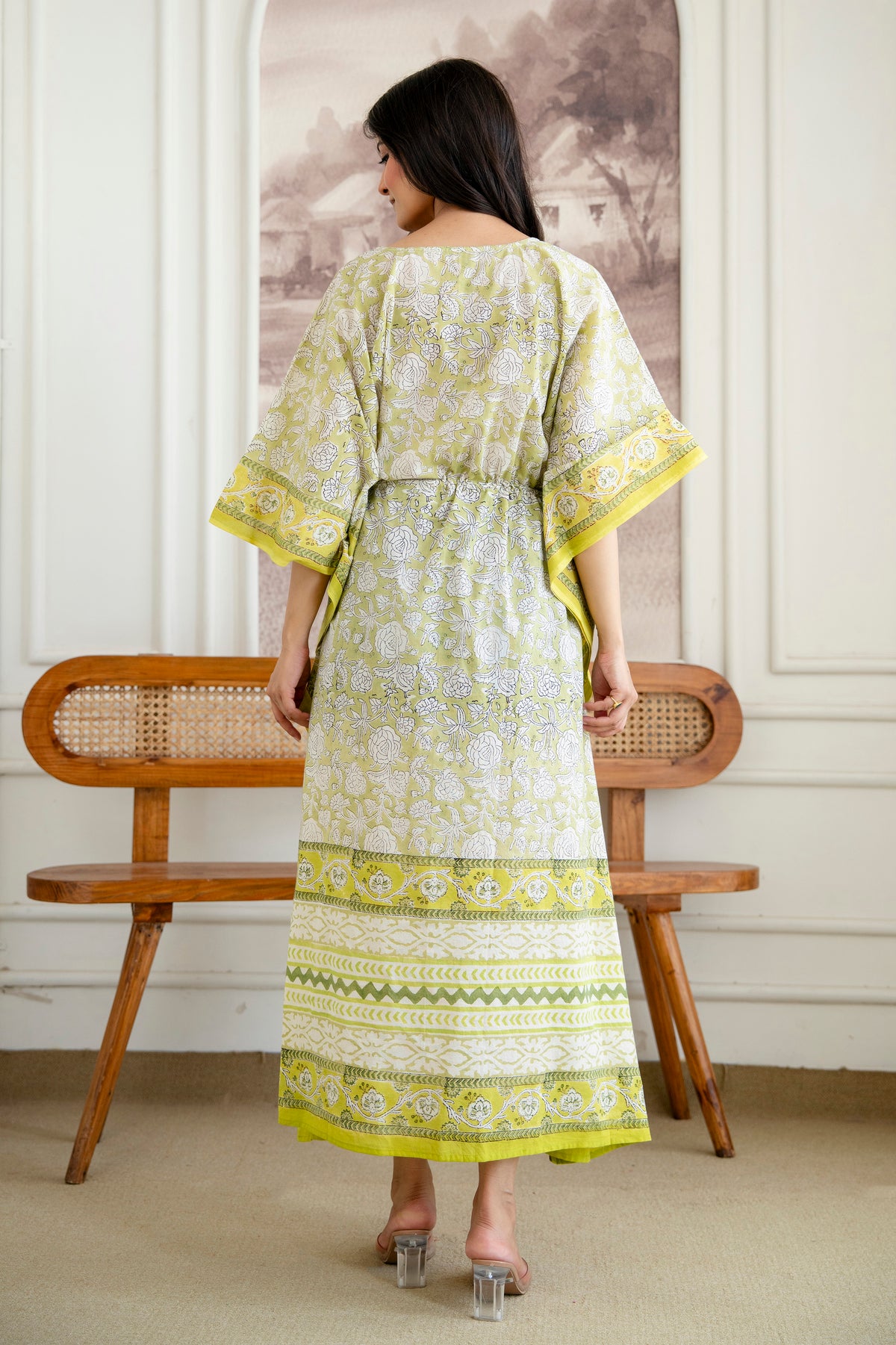 Pistachio Floral Hand Block Printed Cotton Kaftan