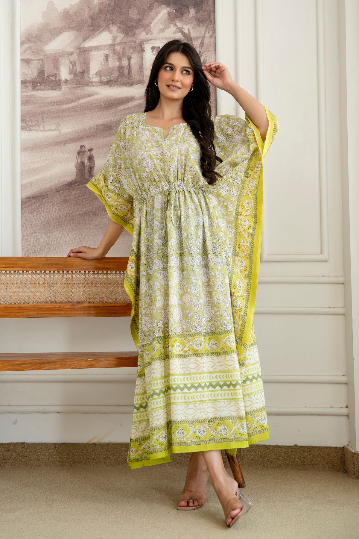 Pistachio Floral Hand Block Printed Cotton Kaftan