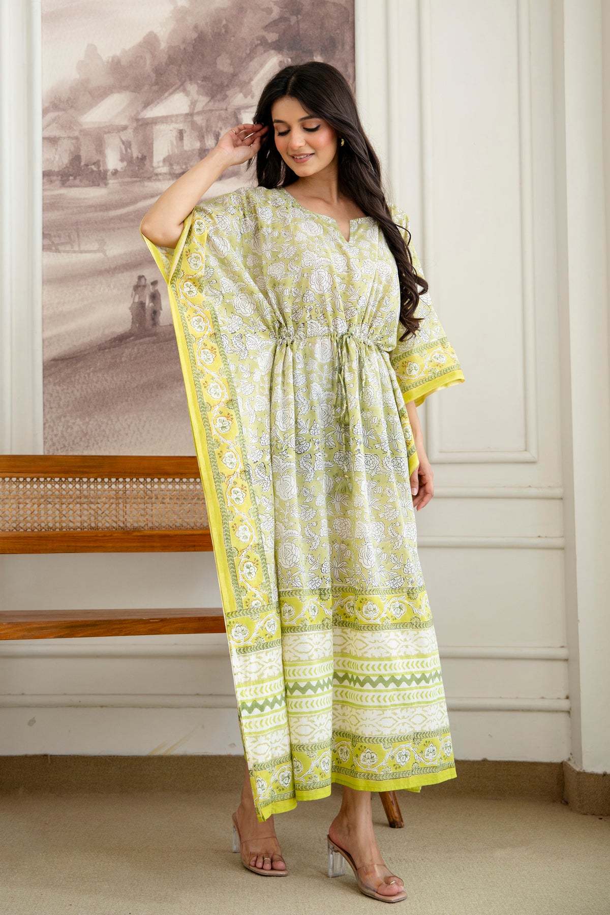 Pistachio Floral Hand Block Printed Cotton Kaftan