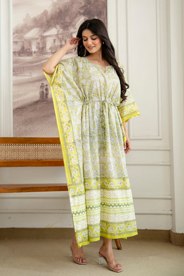 Pistachio Floral Hand Block Printed Cotton Kaftan
