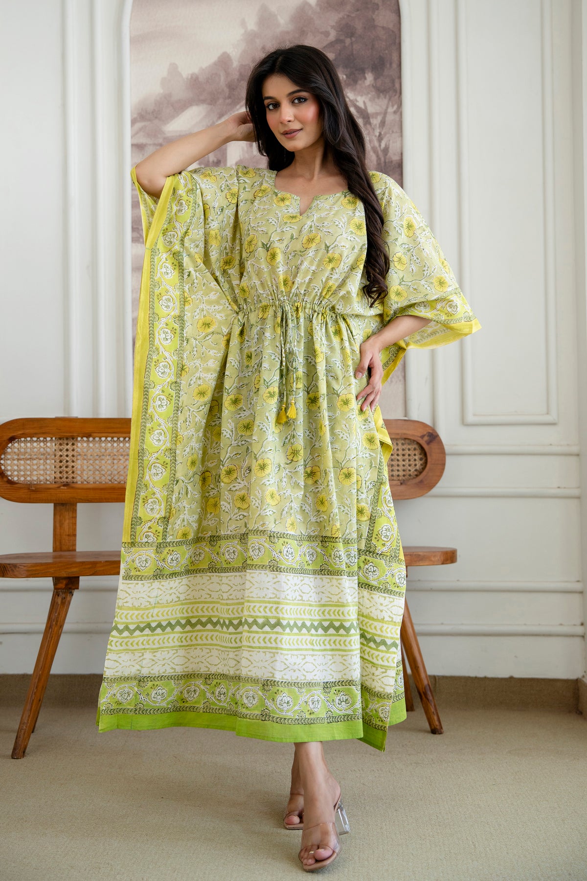 Lemon Blossom Hand Block Printed Cotton Kaftan