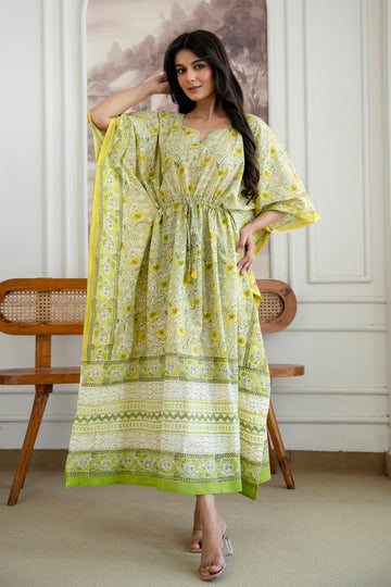 Lemon Blossom Hand Block Printed Cotton Kaftan