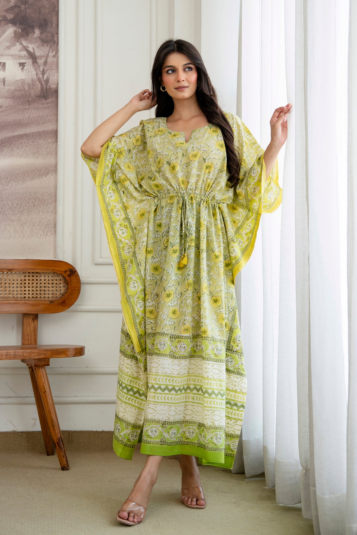 Lemon Blossom Hand Block Printed Cotton Kaftan