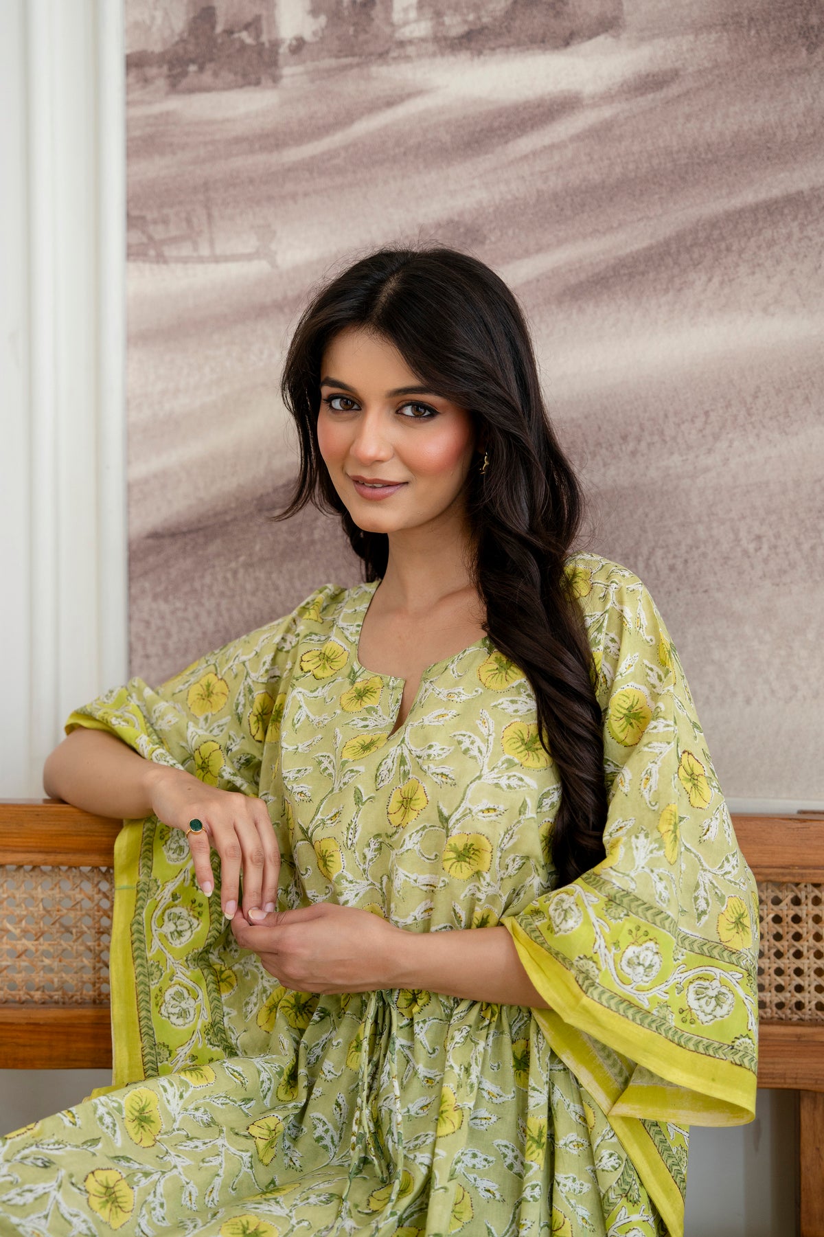 Lemon Blossom Hand Block Printed Cotton Kaftan