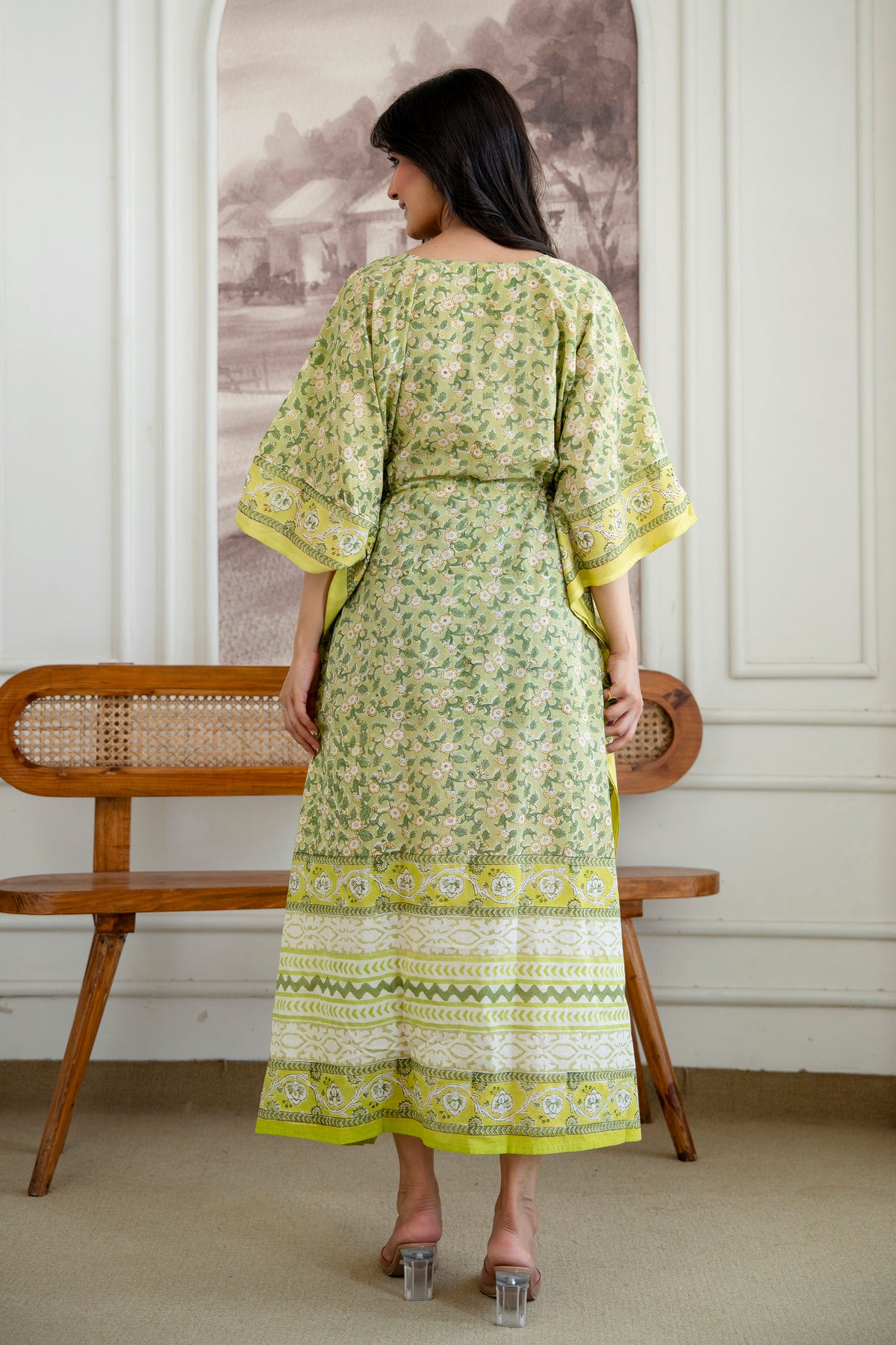 Green Meadow Hand Block Printed Cotton Kaftan