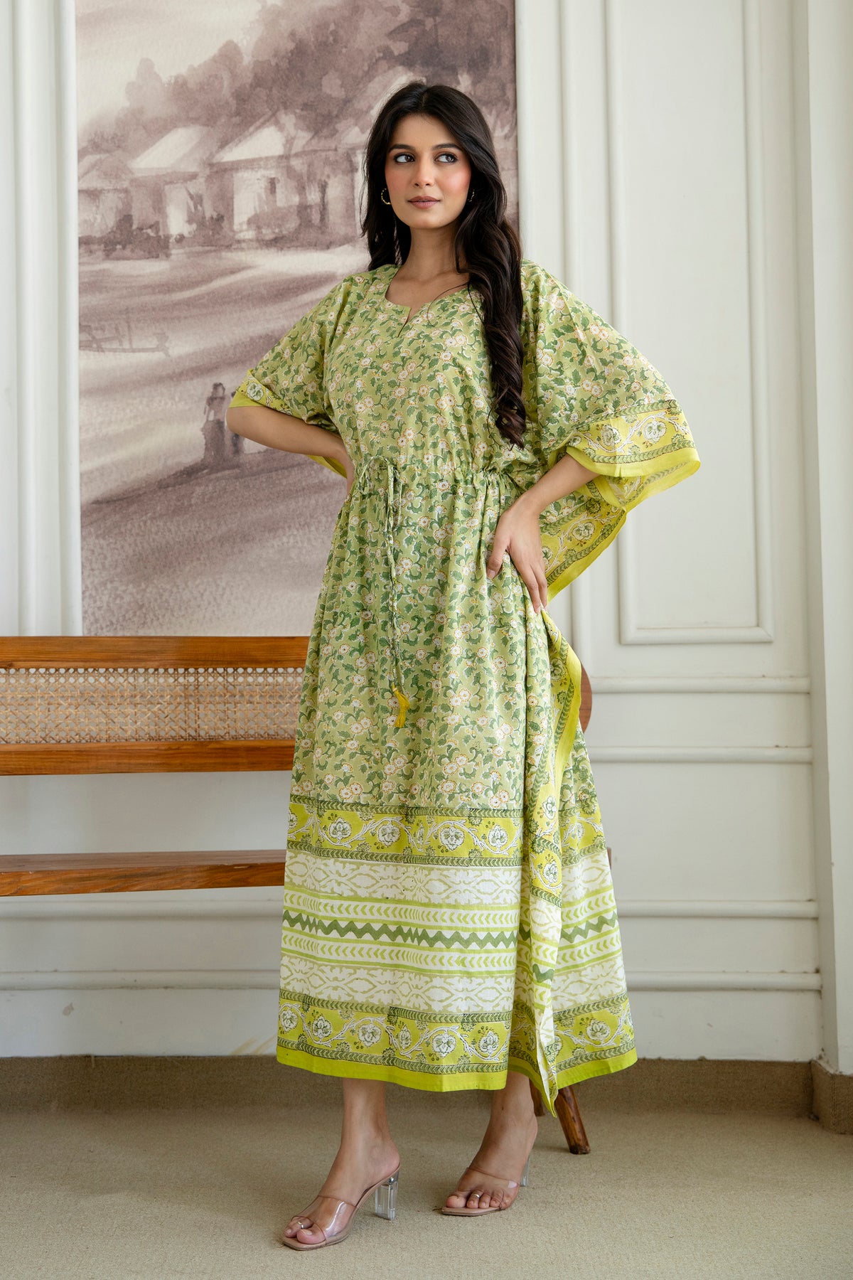 Green Meadow Hand Block Printed Cotton Kaftan