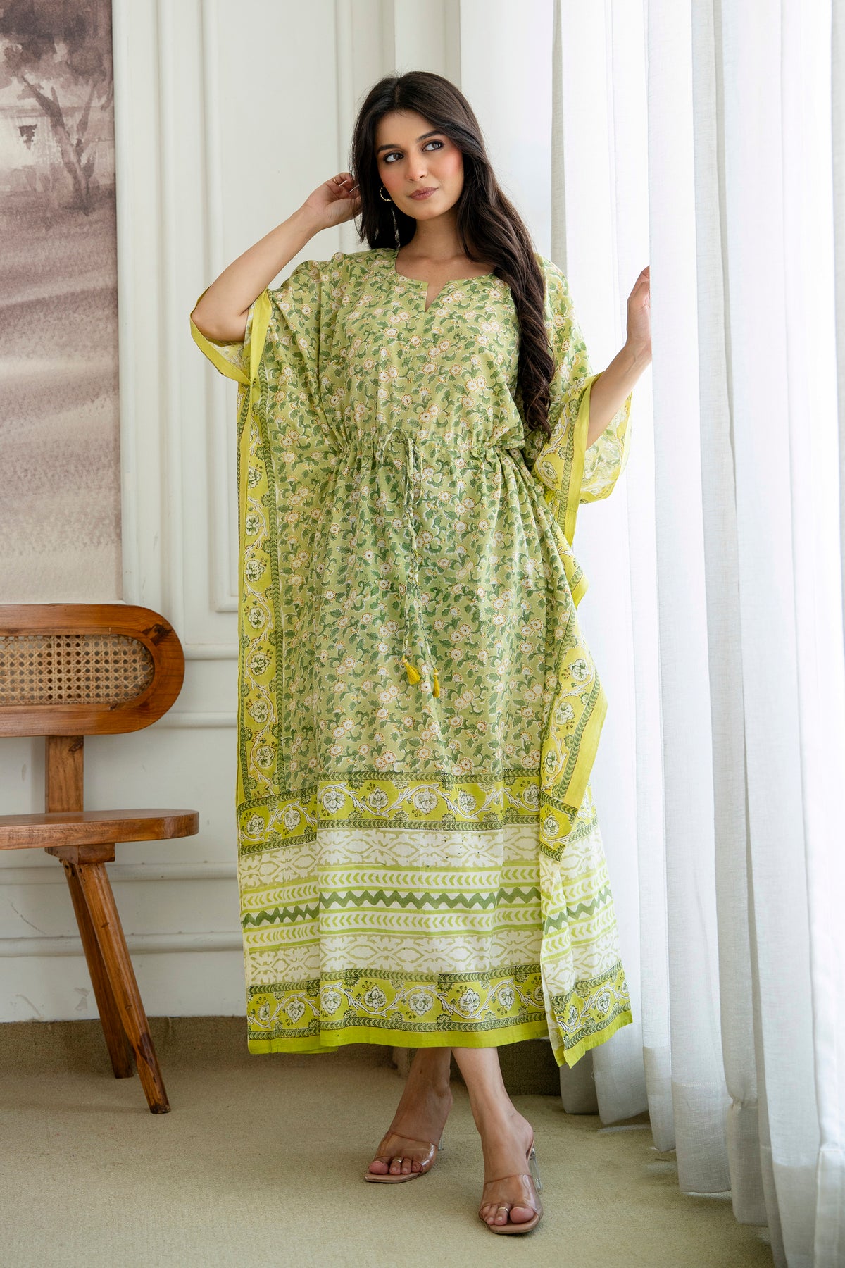Green Meadow Hand Block Printed Cotton Kaftan