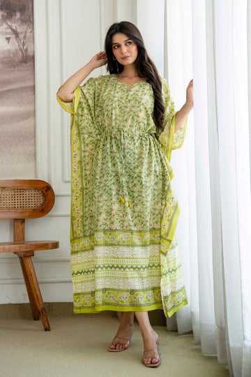 Green Meadow Hand Block Printed Cotton Kaftan