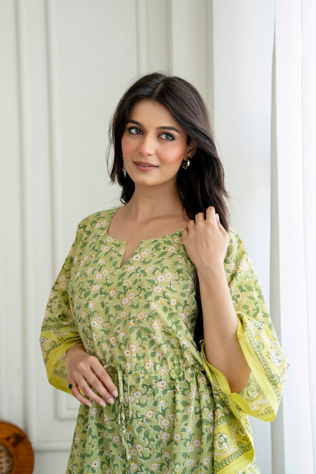 Green Meadow Hand Block Printed Cotton Kaftan