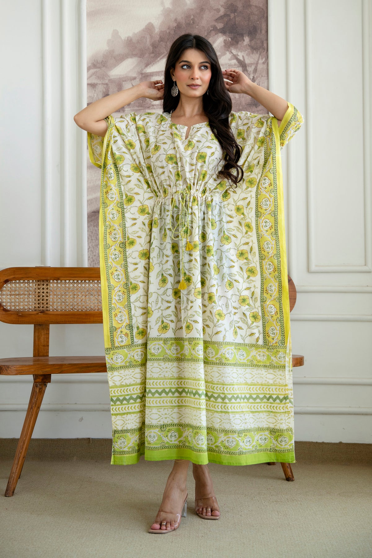 Lemon Vine Hand Block Printed Cotton Kaftan