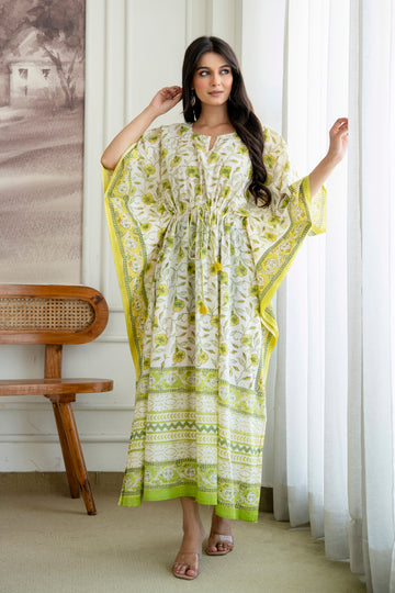Lemon Vine Hand Block Printed Cotton Kaftan