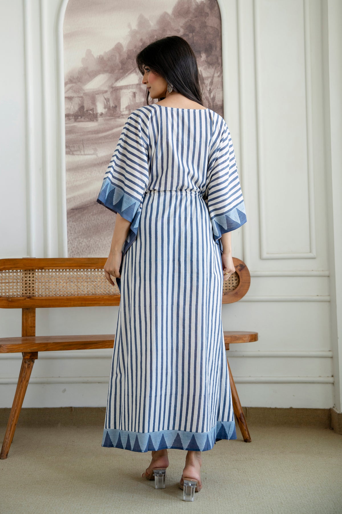 Blue Stripe Hand Block Printed Cotton Kaftan