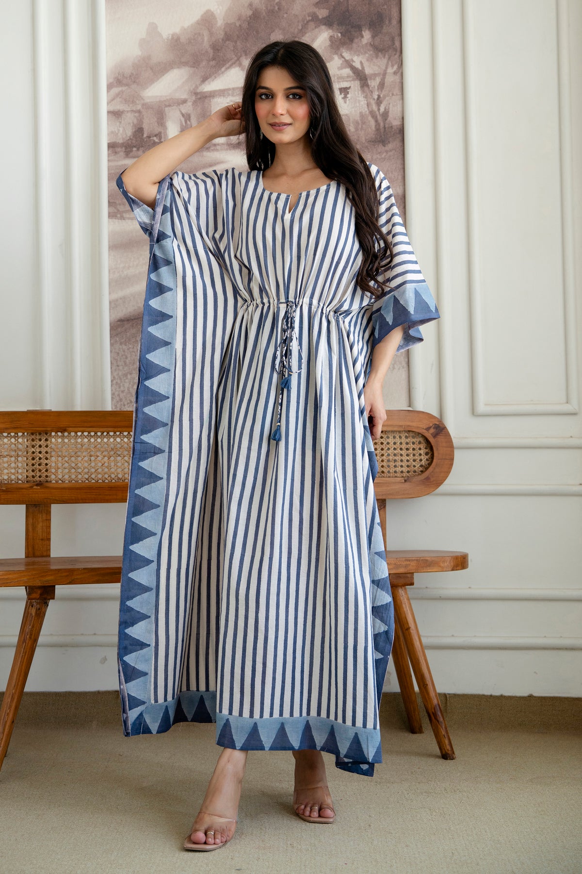 Blue Stripe Hand Block Printed Cotton Kaftan