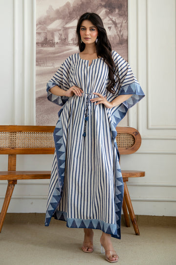 Blue Stripe Hand Block Printed Cotton Kaftan