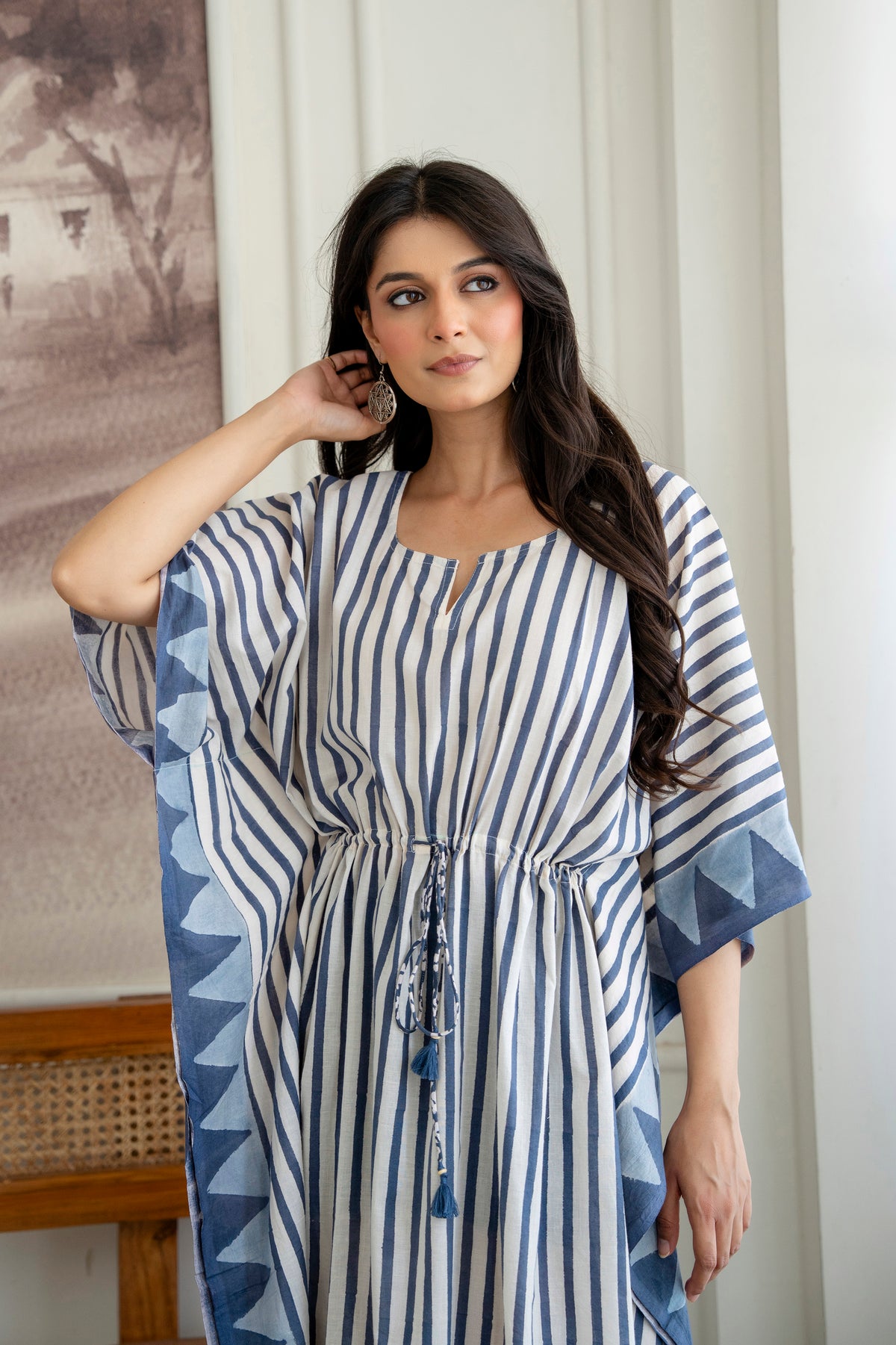 Blue Stripe Hand Block Printed Cotton Kaftan