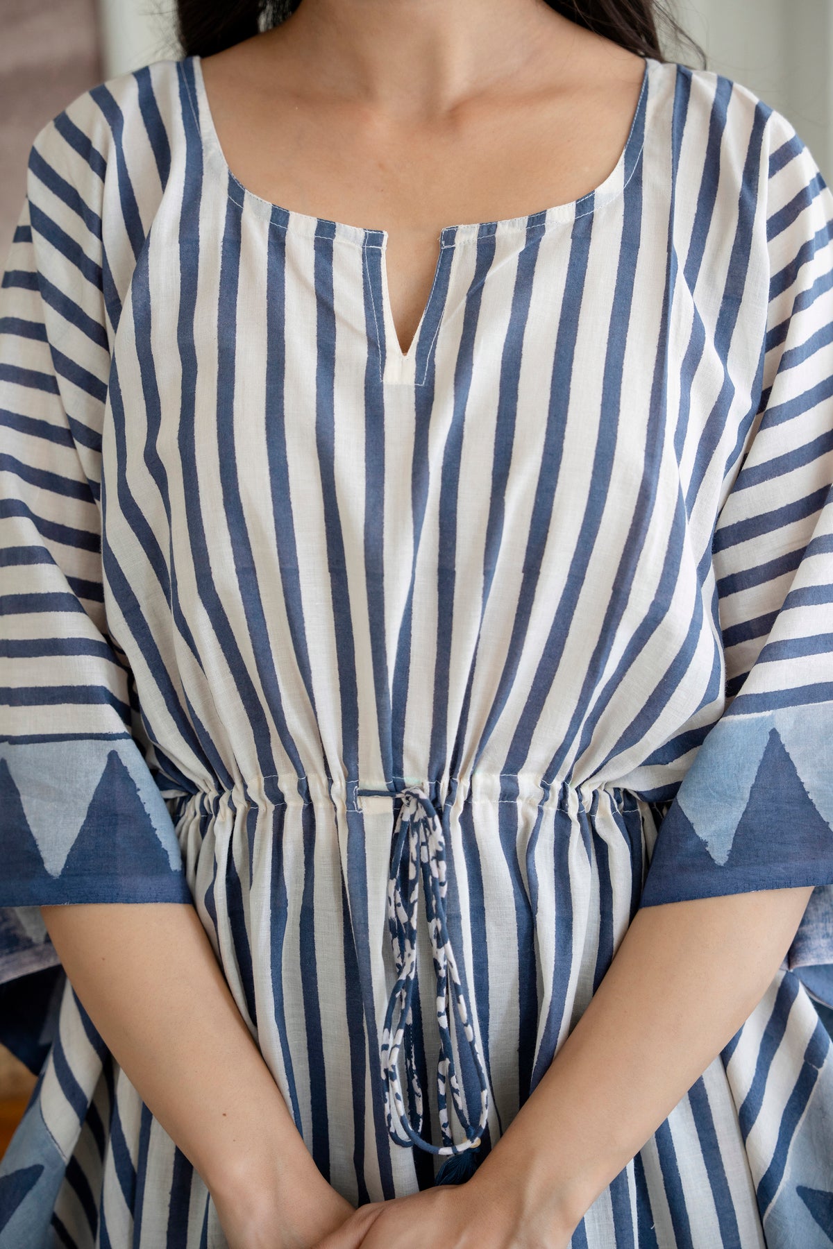 Blue Stripe Hand Block Printed Cotton Kaftan