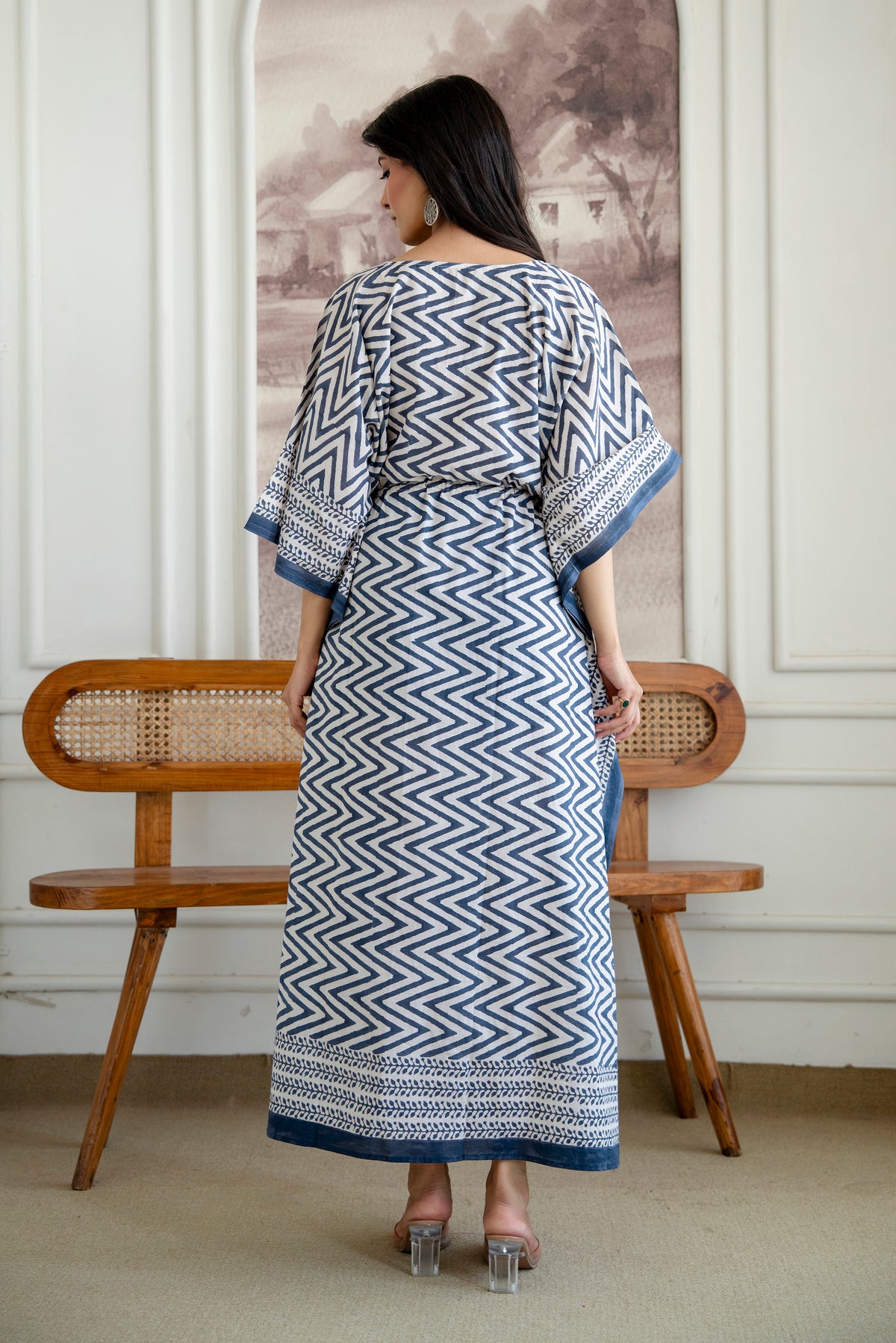 Blue Chevron Hand Block Printed Cotton Kaftan