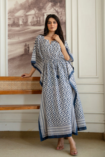 Blue Chevron Hand Block Printed Cotton Kaftan