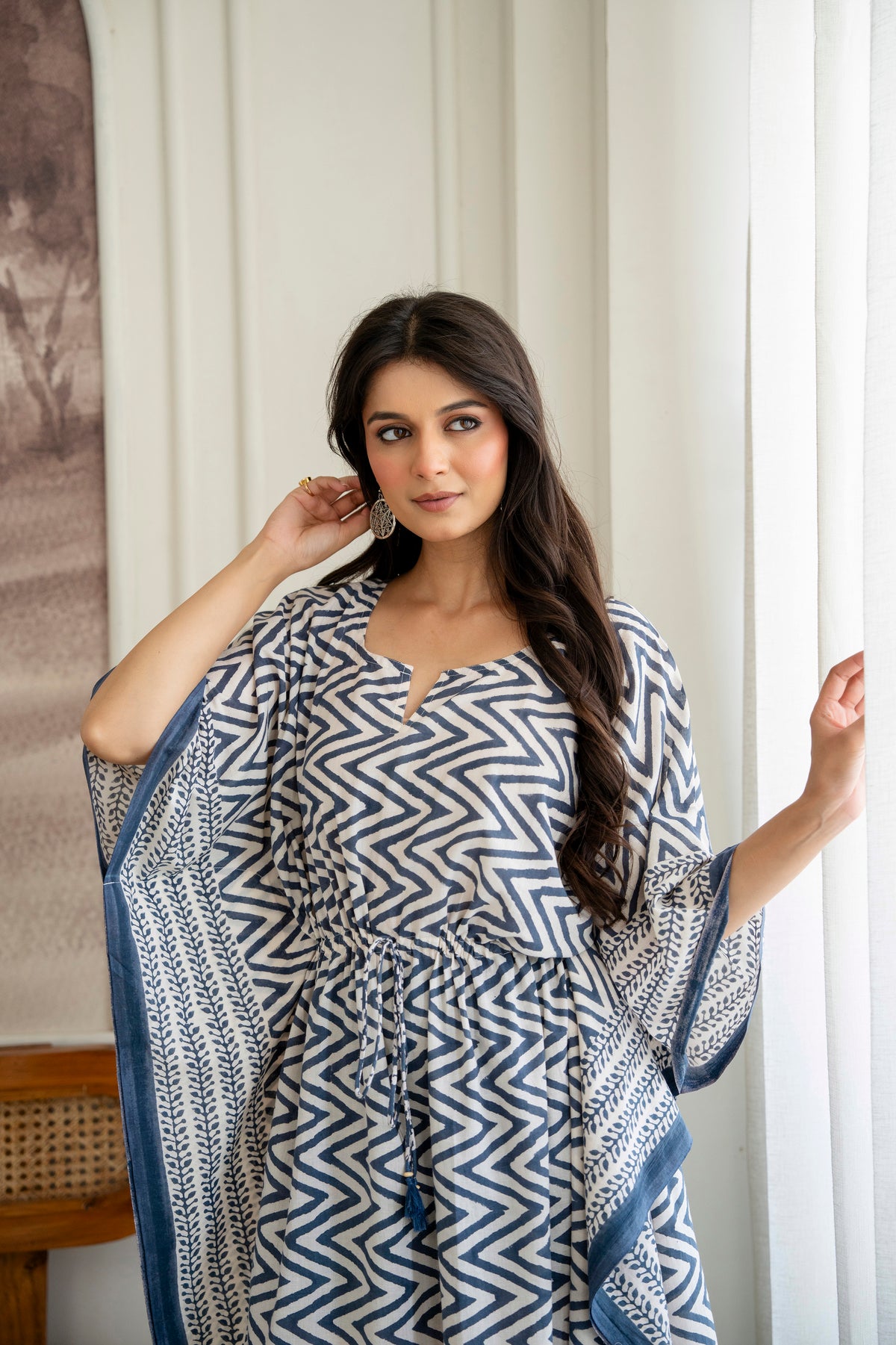 Blue Chevron Hand Block Printed Cotton Kaftan