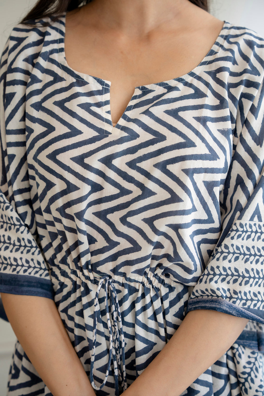 Blue Chevron Hand Block Printed Cotton Kaftan