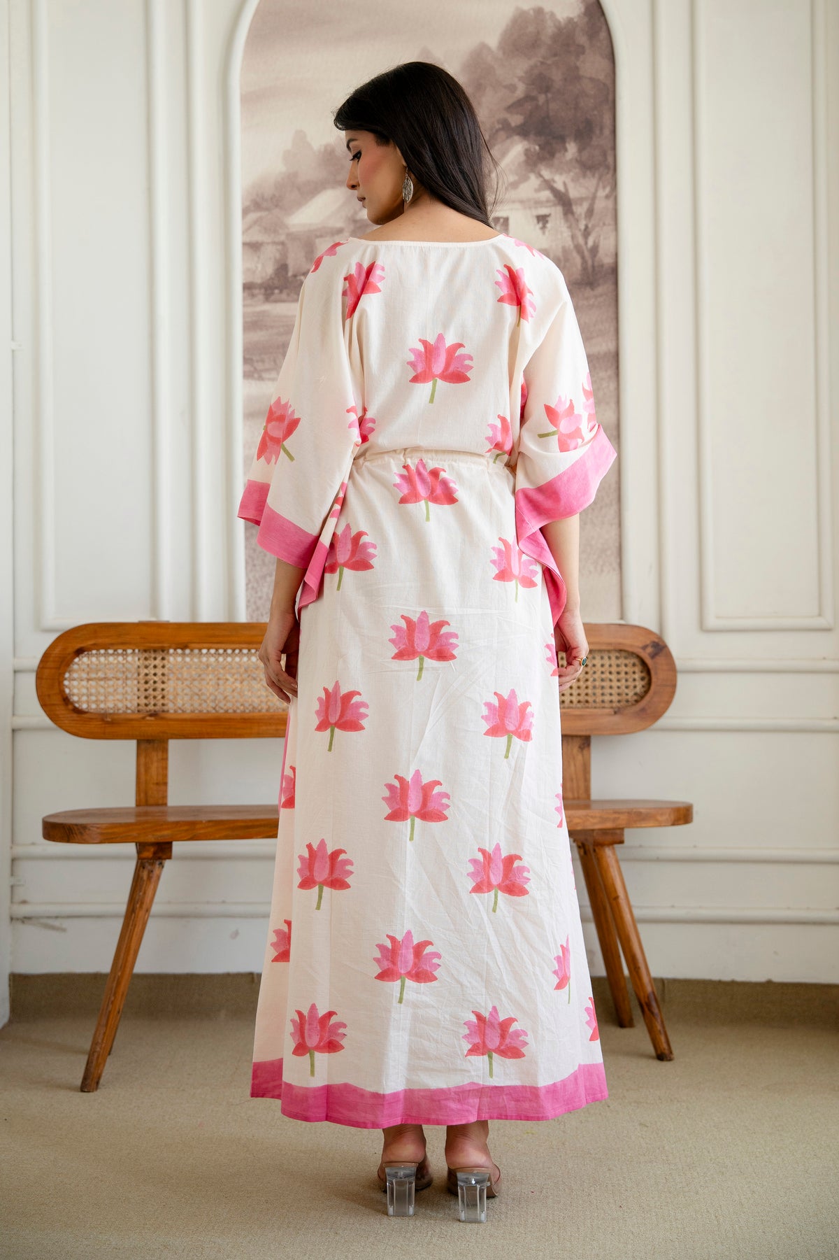 Pink Lotus Hand Block Printed Cotton Kaftan