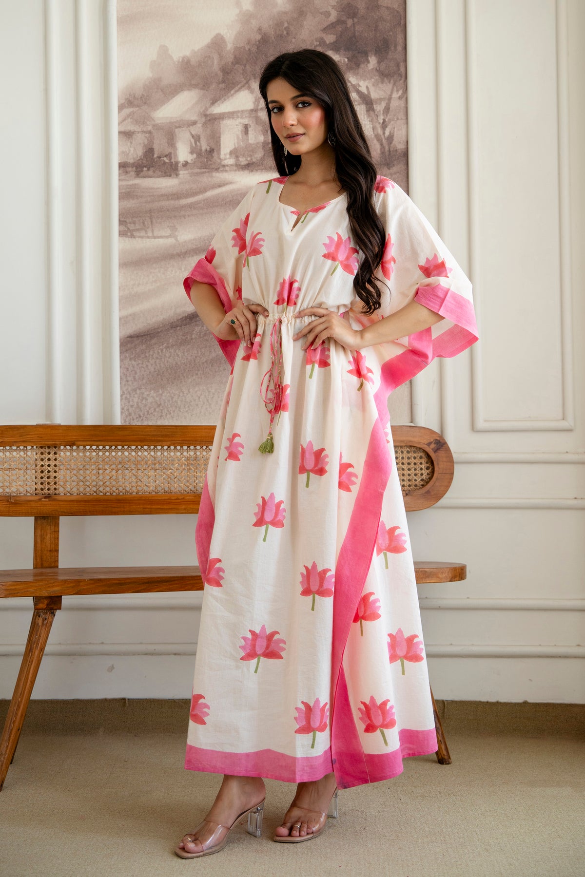 Pink Lotus Hand Block Printed Cotton Kaftan