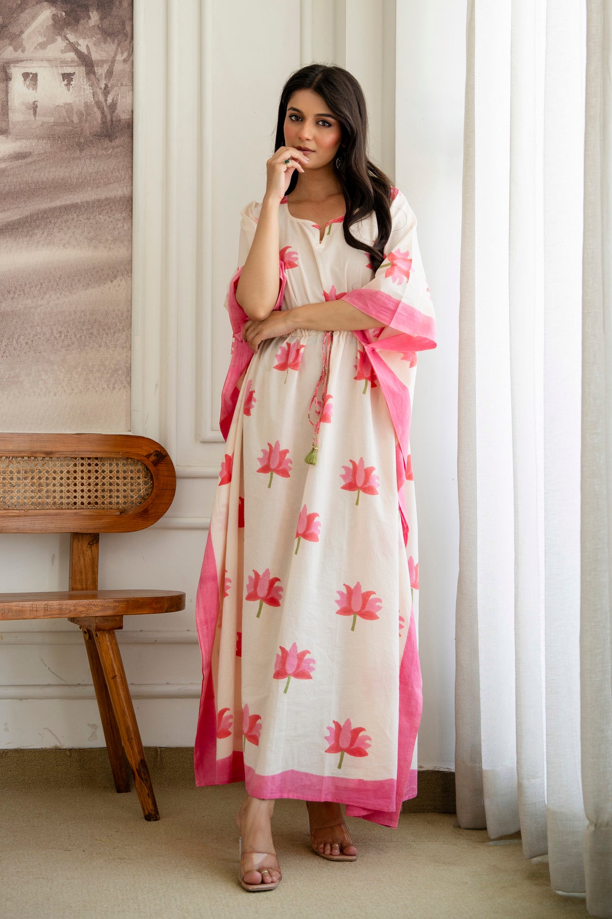 Pink Lotus Hand Block Printed Cotton Kaftan