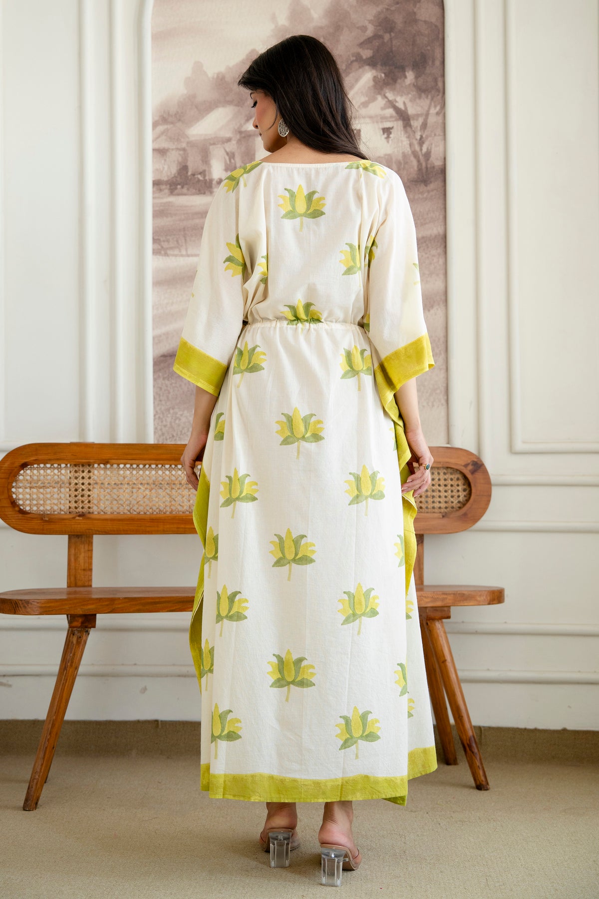Lime Lotus Hand Block Printed Cotton Kaftan