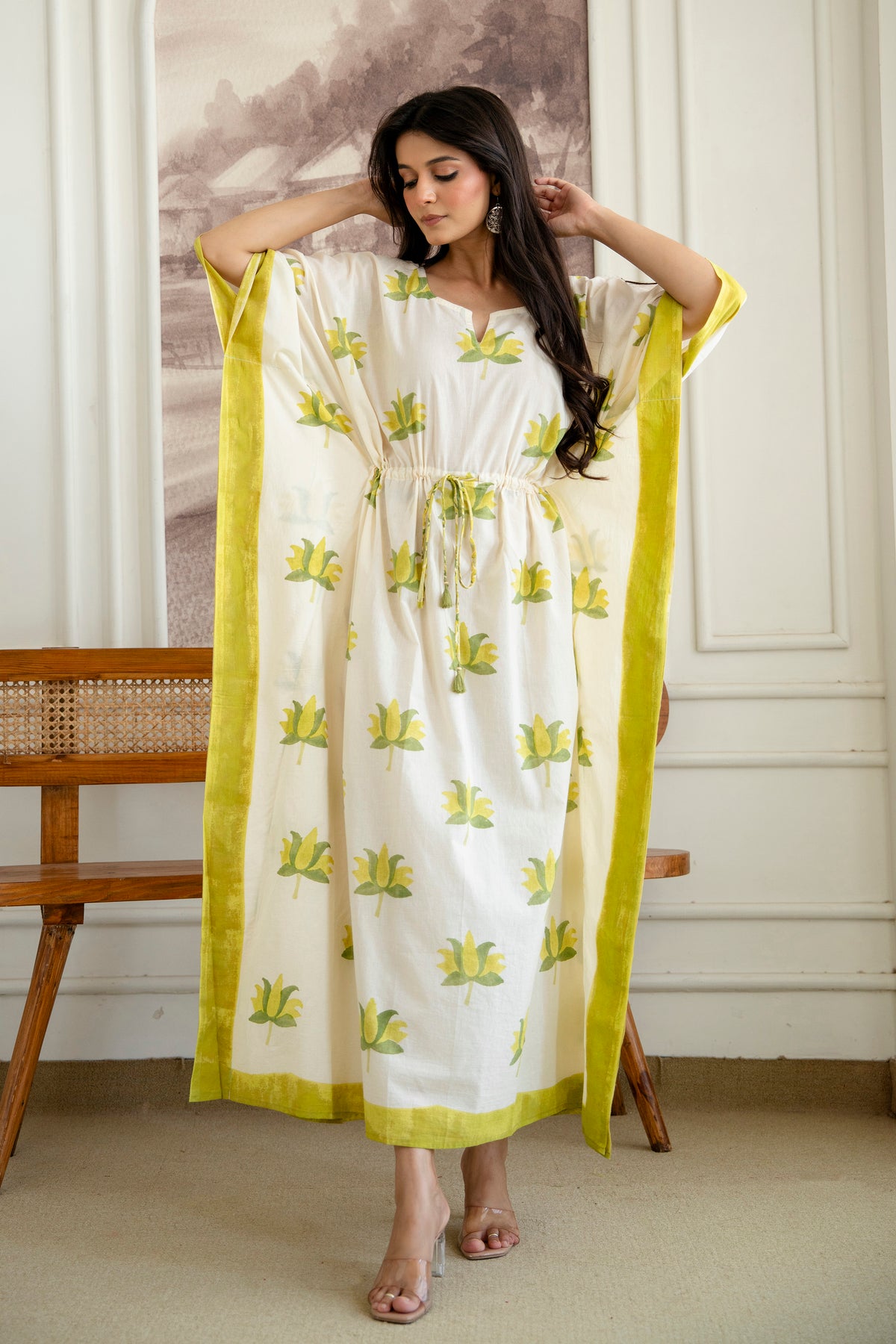 Lime Lotus Hand Block Printed Cotton Kaftan