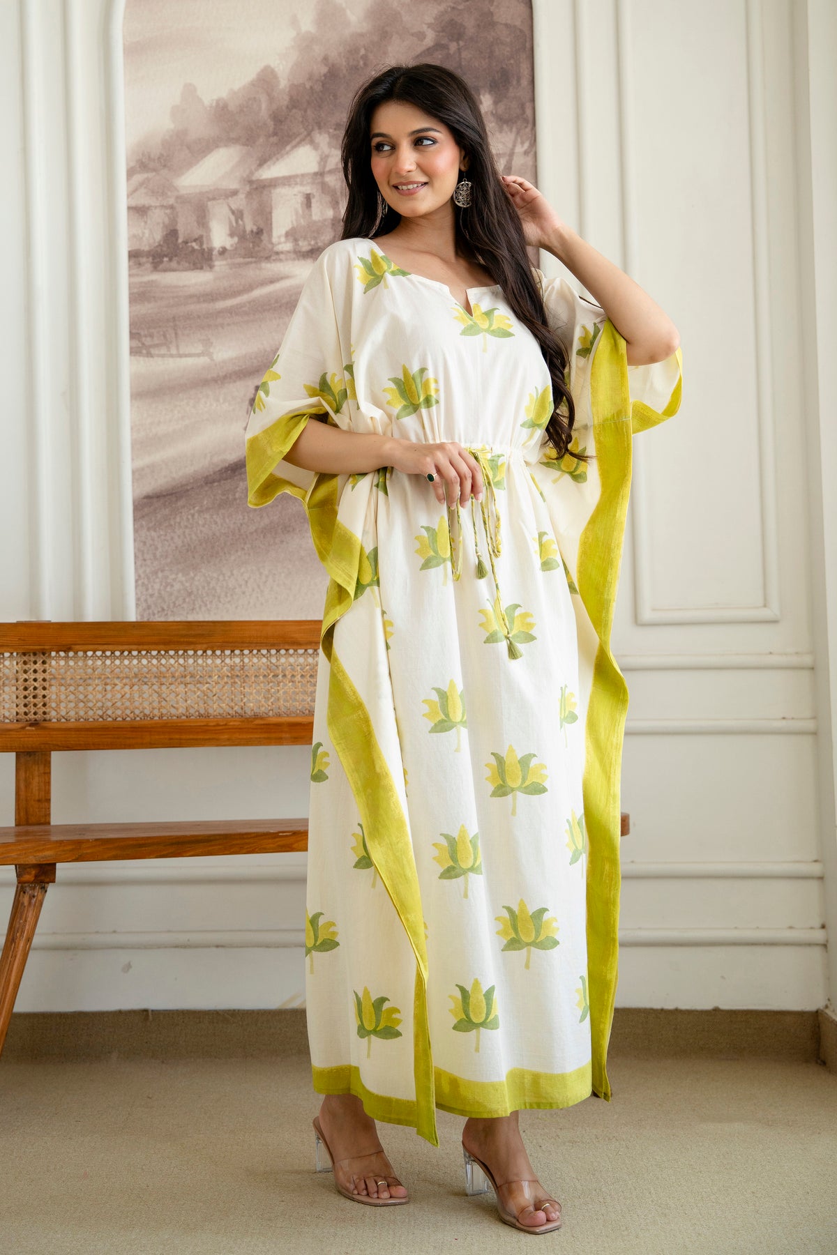 Lime Lotus Hand Block Printed Cotton Kaftan