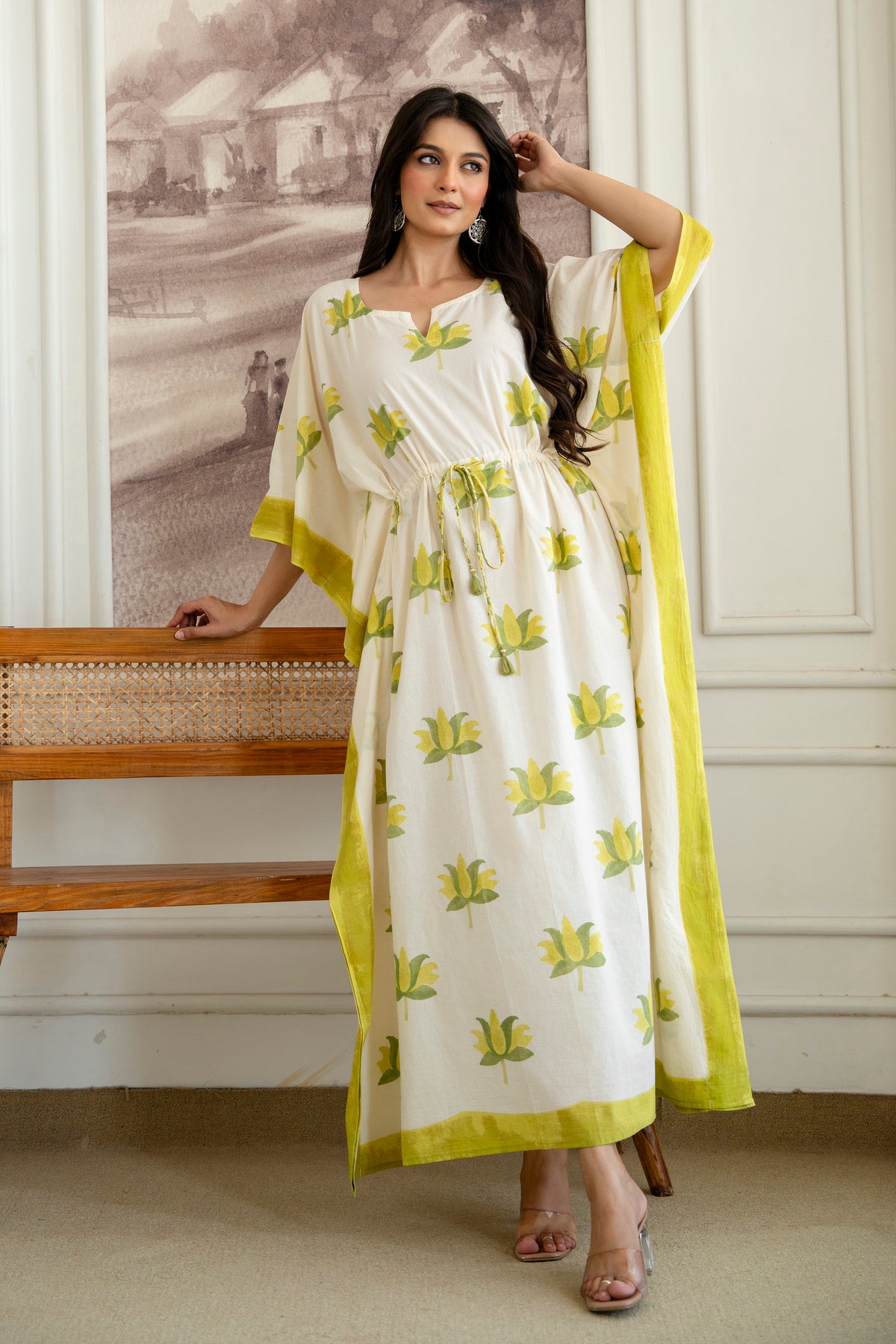 Lime Lotus Hand Block Printed Cotton Kaftan