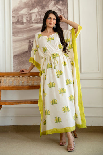 Lime Lotus Hand Block Printed Cotton Kaftan