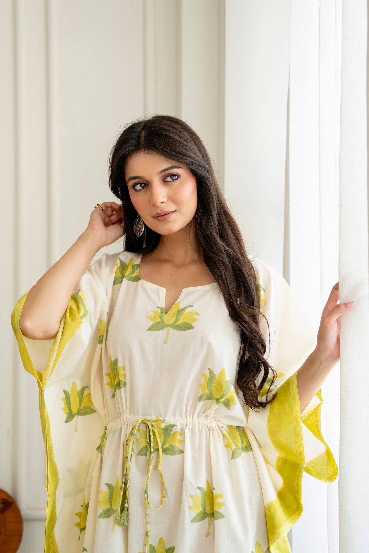 Lime Lotus Hand Block Printed Cotton Kaftan