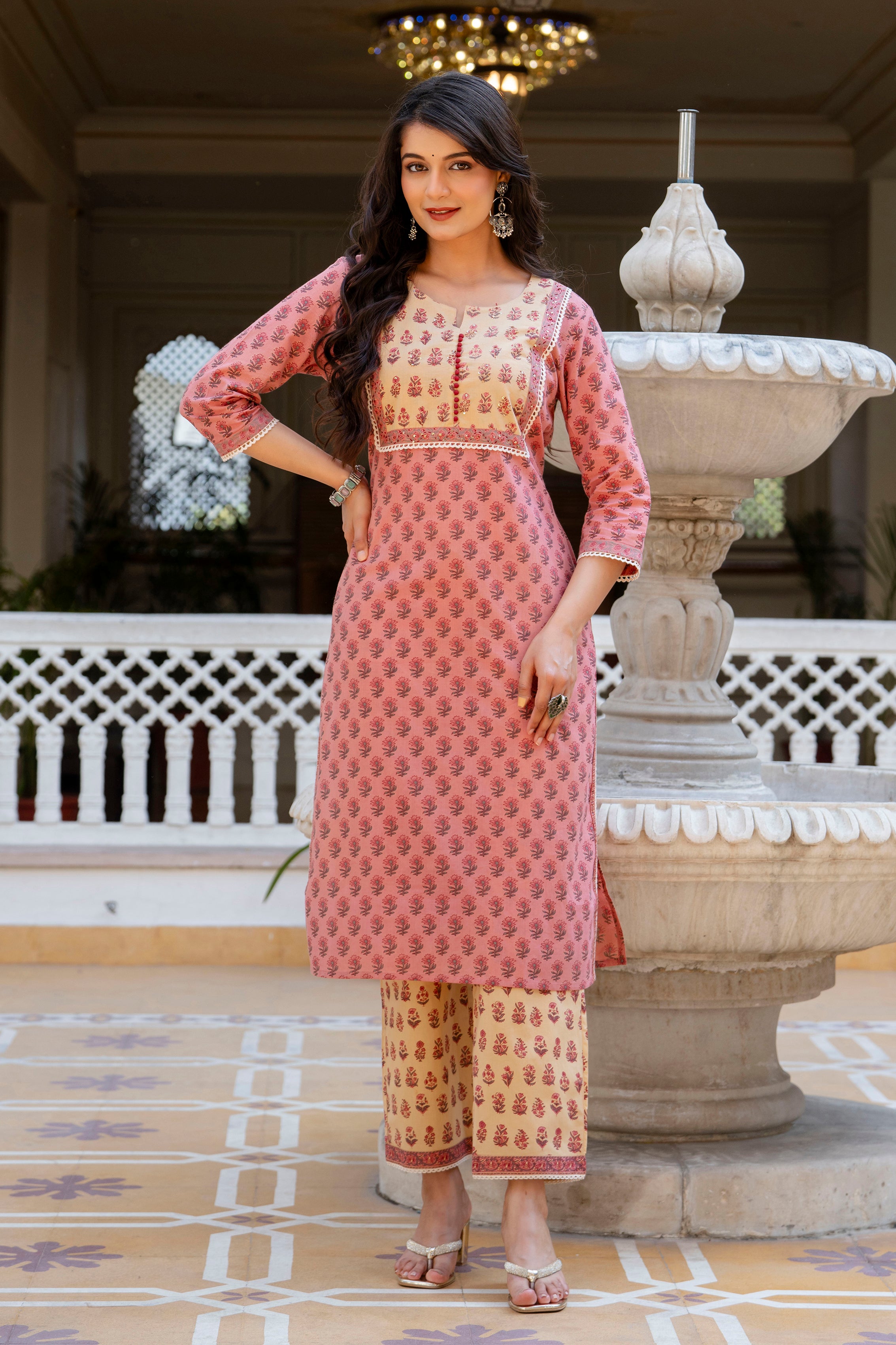 Rosewood Blossom Cotton Suit Set with Mulmul Dupatta